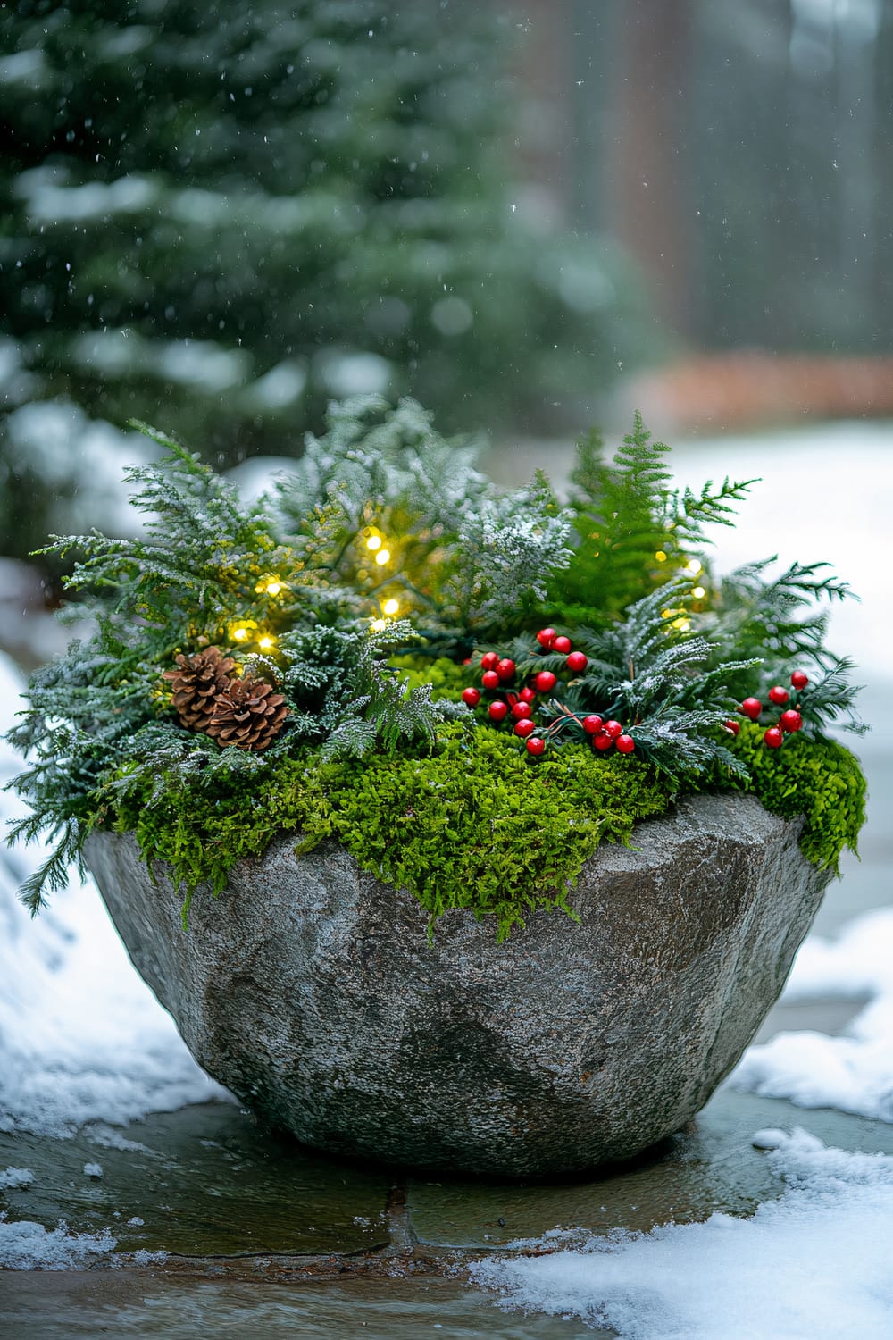 A large natural stone planter filled with green moss, small evergreen ferns, and bright red berries. The planter is placed on a stone garden path with softly falling snow, decorated with small pinecones and white twinkling fairy lights woven through the greenery. The ambient moonlight casts gentle shadows, creating a magical winter scene.