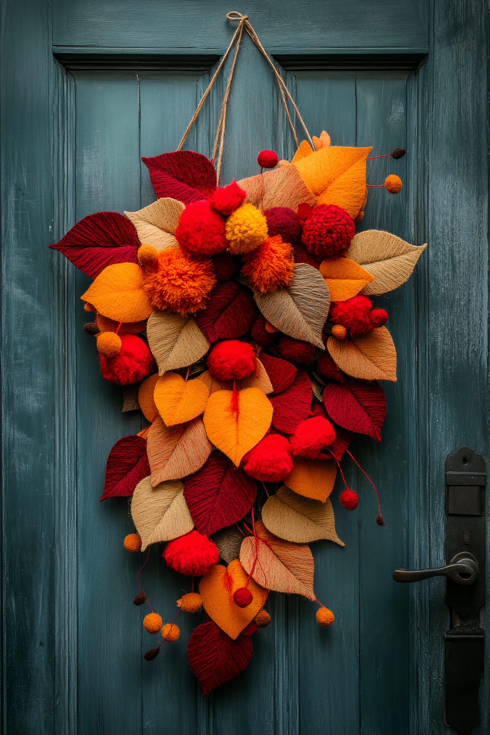 A door hanging crafted from knitted elements in vibrant autumn colors. The composition features leaves in shades of deep red, orange, and beige, along with matching spherical pom-poms. The decoration is suspended by a natural twine against a dark teal wooden door, which is fitted with a black metal handle.