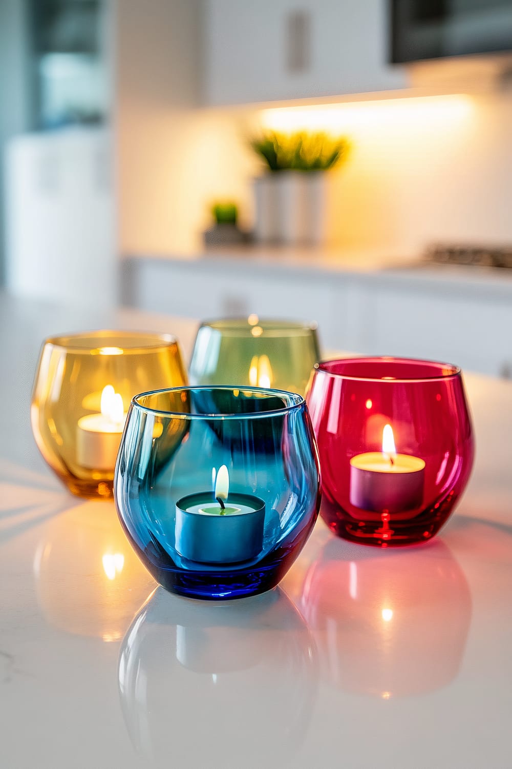 A close-up of four multicolored glass candle holders on a glossy white kitchen island. The candle holders are glowing with different colors: ruby red, sapphire blue, emerald green, and golden yellow. The warm candlelight enhances the colors, and soft shadows add depth to the scene. In the background, there is a blurred view of a modern kitchen with a backsplash, countertop, and some potted plants.