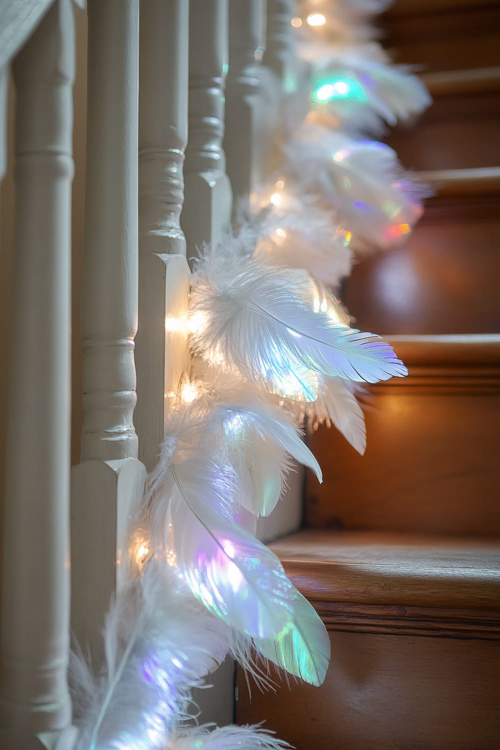 An image showing a close-up view of a wooden staircase with white spindles. Decorated with white feathers and soft white string lights, the staircase exudes a festive and dreamy ambience.