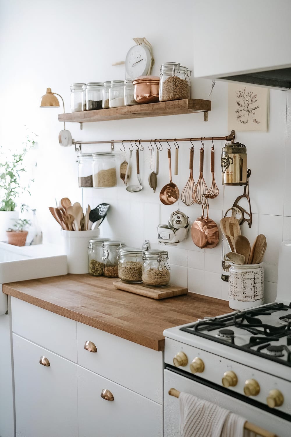 A rustic yet modern kitchen countertop is adorned with an array of neatly organized glass jars containing various dried goods like grains and beans. Above the countertop, a weathered wooden shelf holds more jars, a vintage clock, and a copper canister. A brass lamp adds a touch of antique charm. Below the shelf, a copper rail hangs kitchen utensils, including copper whisks, ladles, and pots. The countertop itself features a wooden cutting board and two containers filled with wooden spoons and spatulas. To the right, a vintage-style gas stove with brass knobs complements the overall aesthetic. A potted plant in the background brings a touch of greenery to the white, minimalist backdrop.