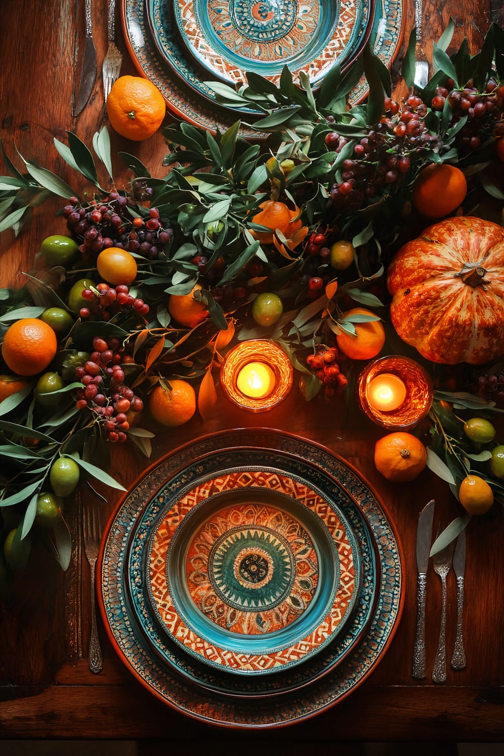 This image features a Mediterranean-inspired Thanksgiving table setting. The table is adorned with deep teal and terracotta mosaic-patterned plates. Olive branches, citrus fruits, and grapes are arranged as decor. Two small candles are lit, providing a warm glow and adding a cozy atmosphere. A rustic orange pumpkin is also part of the arrangement. Silver cutlery is placed beside the plates on the wooden table.