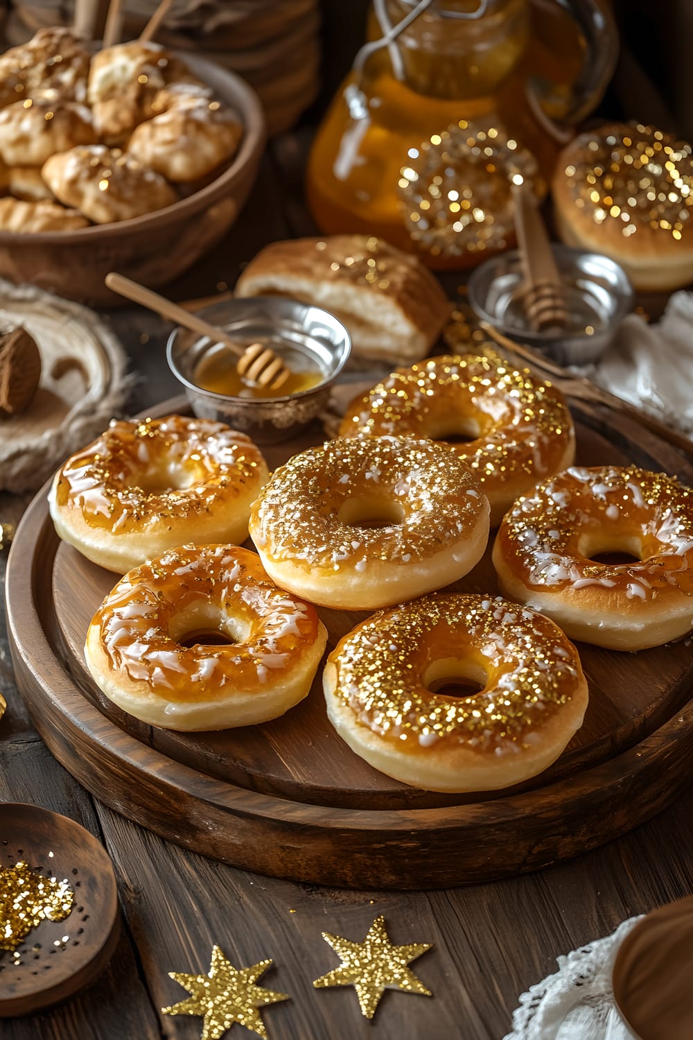 A warm-lit, rustic pantry shelf decorated for New Year's Eve with traditional treats like five neatly arranged sushki (Russian tea rings) on a wooden platter, two small bowls of honey for dipping, and three silver dessert forks. The treats are surrounded by ten gold confetti pieces and two small decorative gold stars, all on a smooth dark brown wooden shelf.