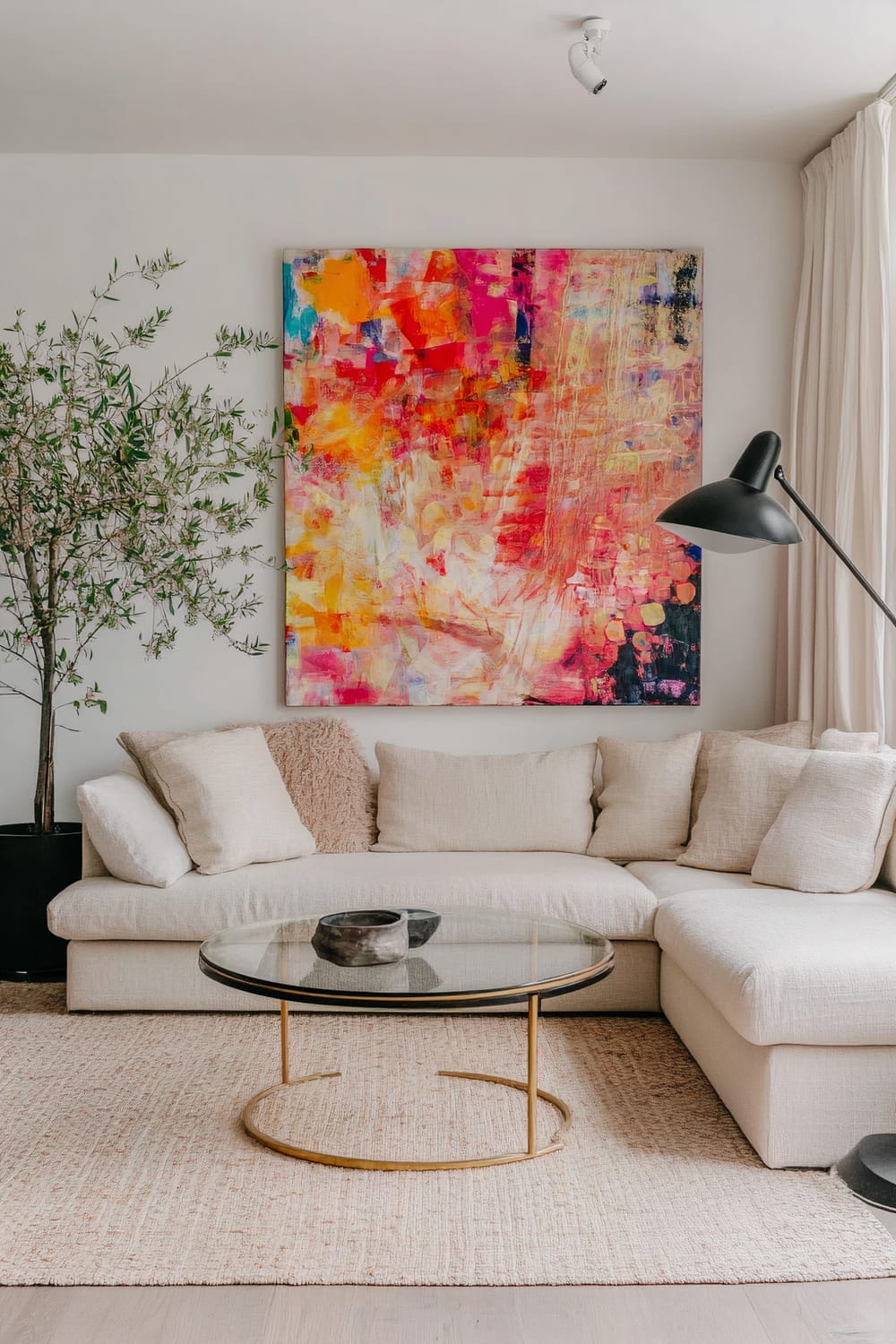 An inviting living room featuring a beige sectional couch, a glass coffee table with brass legs, a large colorful abstract painting, a black floor lamp, a potted fig tree, and soft linen curtains.