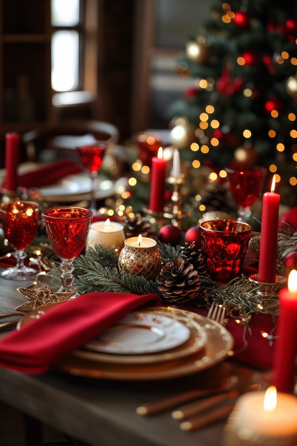 A beautifully set holiday dining table adorned with vibrant red and gold decorations, including candles, ornaments, pinecones, and elegant glassware. The table features red and gold accents, with red napkins, red candles, gold cutlery, and decorative plates. In the background, a decorated Christmas tree with twinkling lights adds to the festive ambiance.