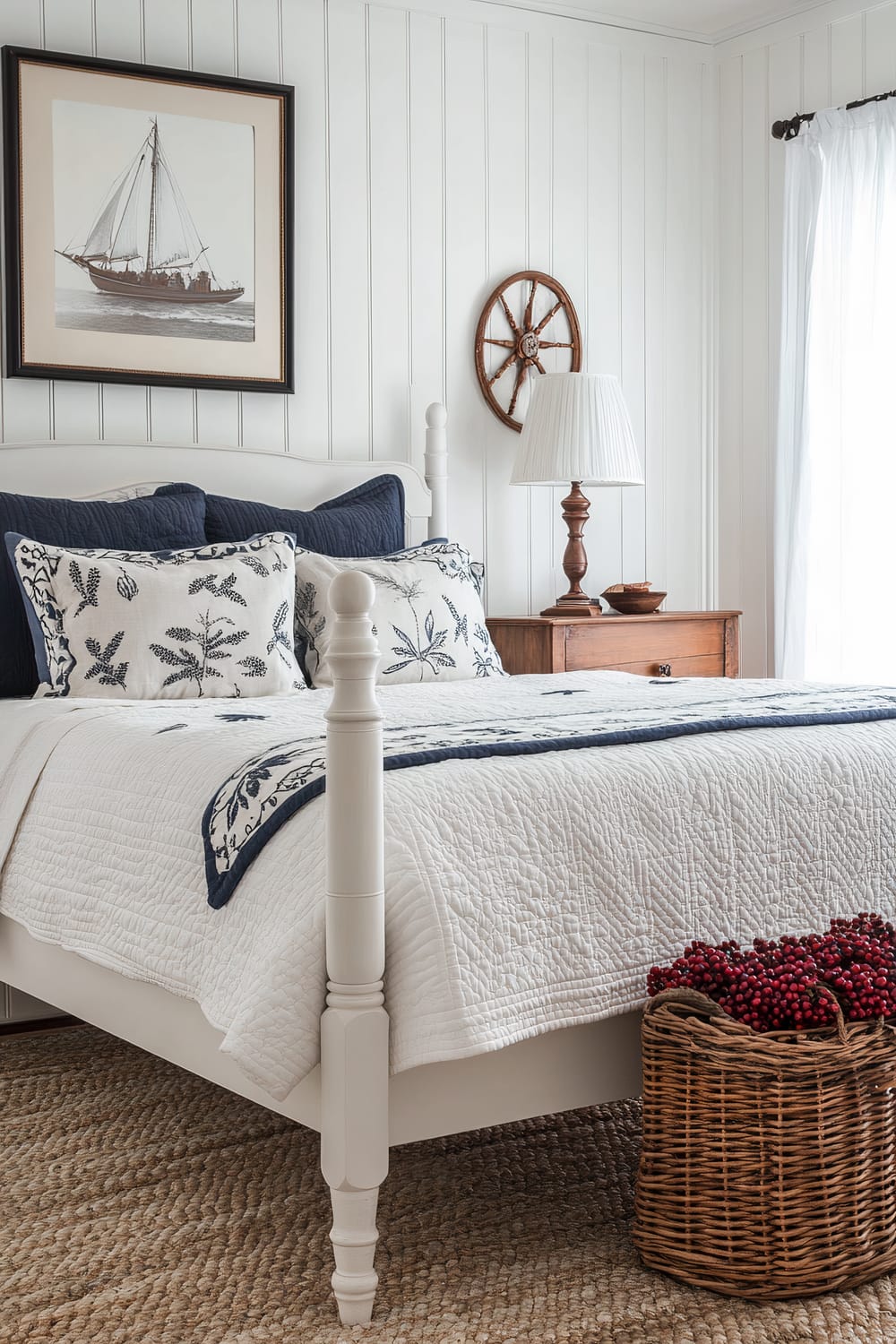 A bedroom with a nautical theme, featuring a white bed with navy blue and white linens. Above the bed hangs a framed picture of a sailing ship. To the right of the bed, there is a wooden nightstand with a turned wooden lamp and a small bowl. Next to the nightstand is a wall-mounted wooden ship's wheel. On the floor is a woven basket filled with red berries, and the room has a textured beige rug.