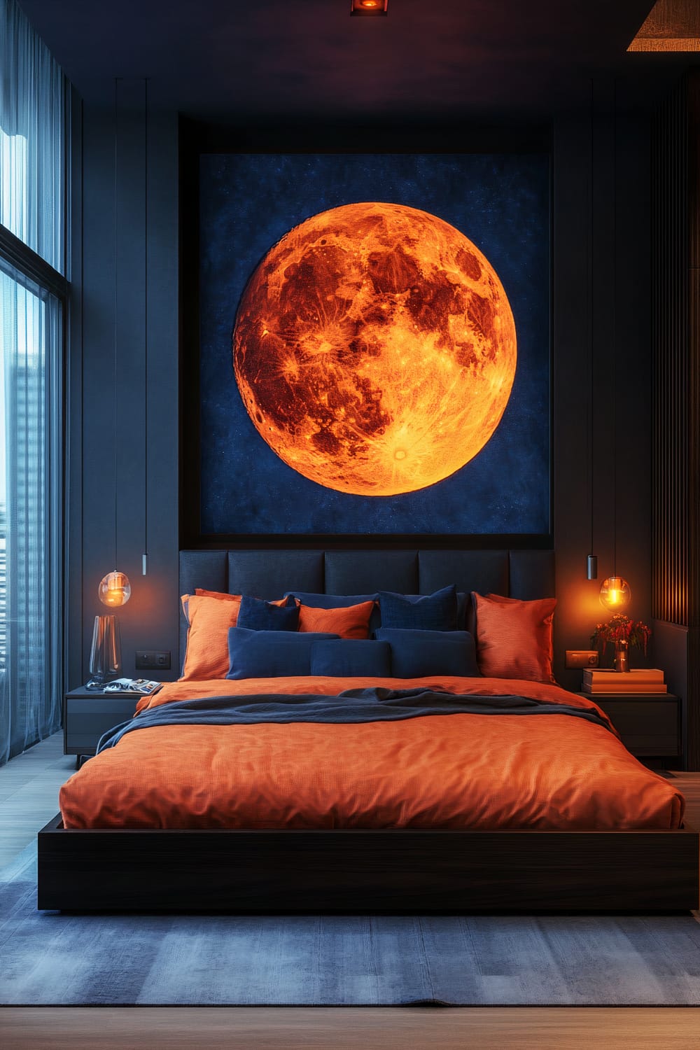 A contemporary bedroom features a large, vibrant orange-yellow harvest moon art piece on the wall above the bed. The bed is dressed in striking orange and deep blue linens, complemented by minimalistic furniture. The room is lit by both natural light from large windows and warm artificial lights, creating a cohesive and balanced atmosphere.