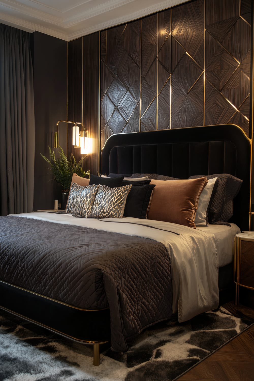 A luxurious bedroom featuring a sophisticated geometric wood panel accent wall with gold trim, a dark upholstered bed with multiple layered pillows in various textures and colors, and a contemporary pendant lamp. A sleek side table with a plant adds a touch of greenery.