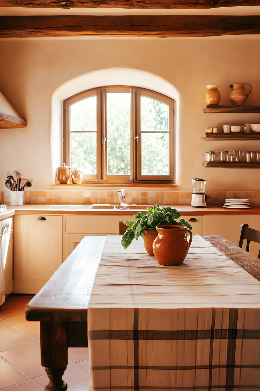 A traditional Tuscan Villa-style kitchen with rustic terracotta tiles on the floor and backsplash. Features include beige cabinetry with wrought iron handles, a large wooden farmhouse table with a ceramic pitcher, fresh basil, and a linen runner. Exposed wooden beams, a wrought iron chandelier, open shelves with earthenware dishes, copper cookware, and herb-filled jars decorate the space. Large windows with wooden shutters allow sunlight to brighten the room, highlighting the earthy color scheme.