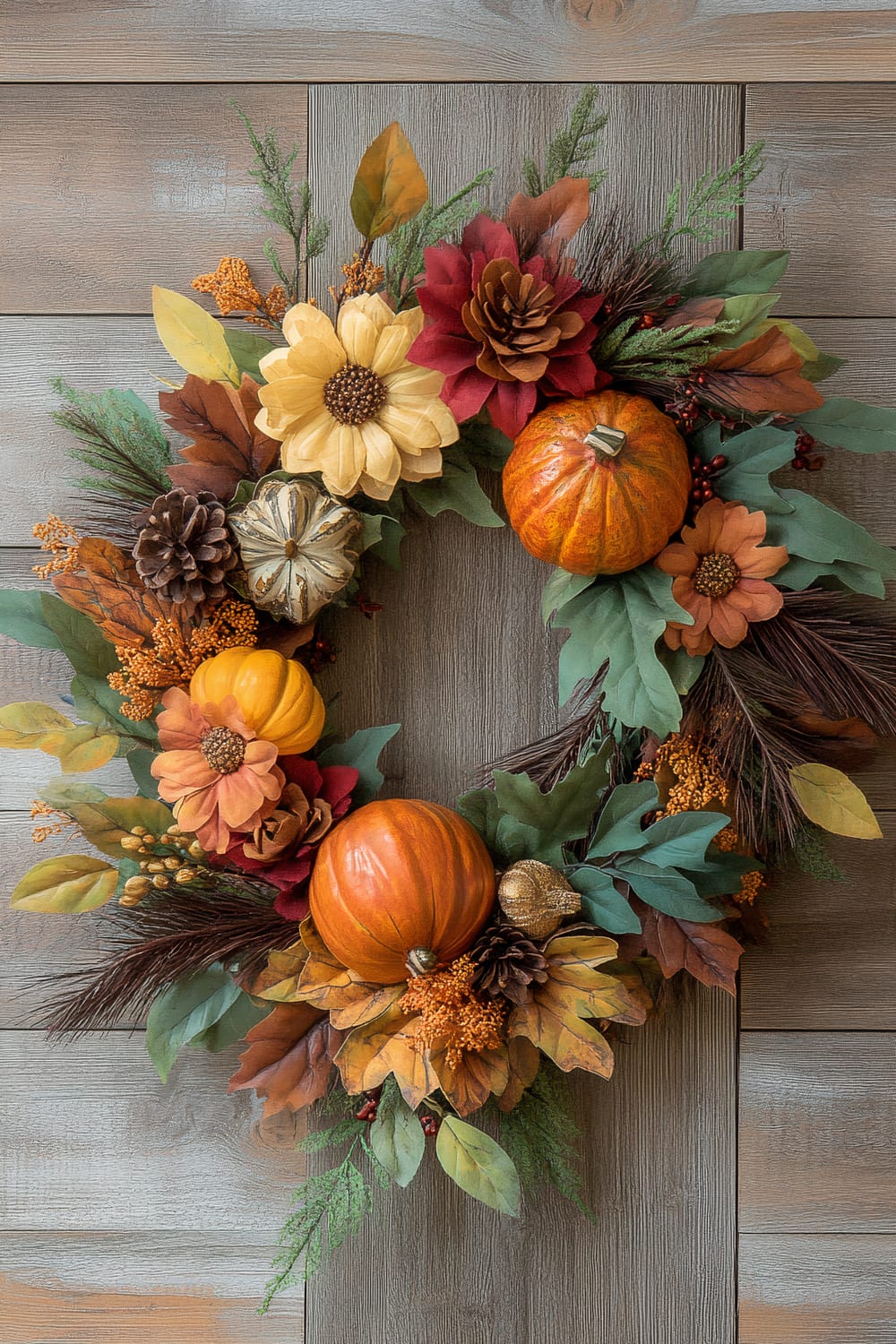 A festive autumn wreath adorned with various elements such as small pumpkins, pinecones, artificial flowers, berries, and an assortment of vibrant green, yellow, red, and brown leaves. The wreath is hung against a rustic wooden plank wall, creating a warm, seasonal ambiance.