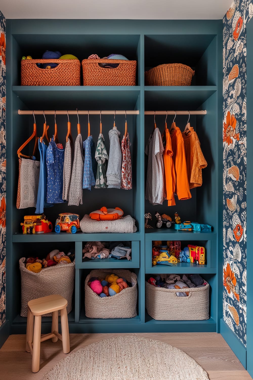 A child-friendly closet with teal open shelving and lower-hanging rods. It contains soft fabric bins, baskets, and neatly arranged clothes on wooden hangers. The closet also includes toys, shoes, and colorful accessories. One side of the wall is adorned with fun patterned wallpaper. A small wooden stool is placed inside the closet, and soft lighting illuminates the space.