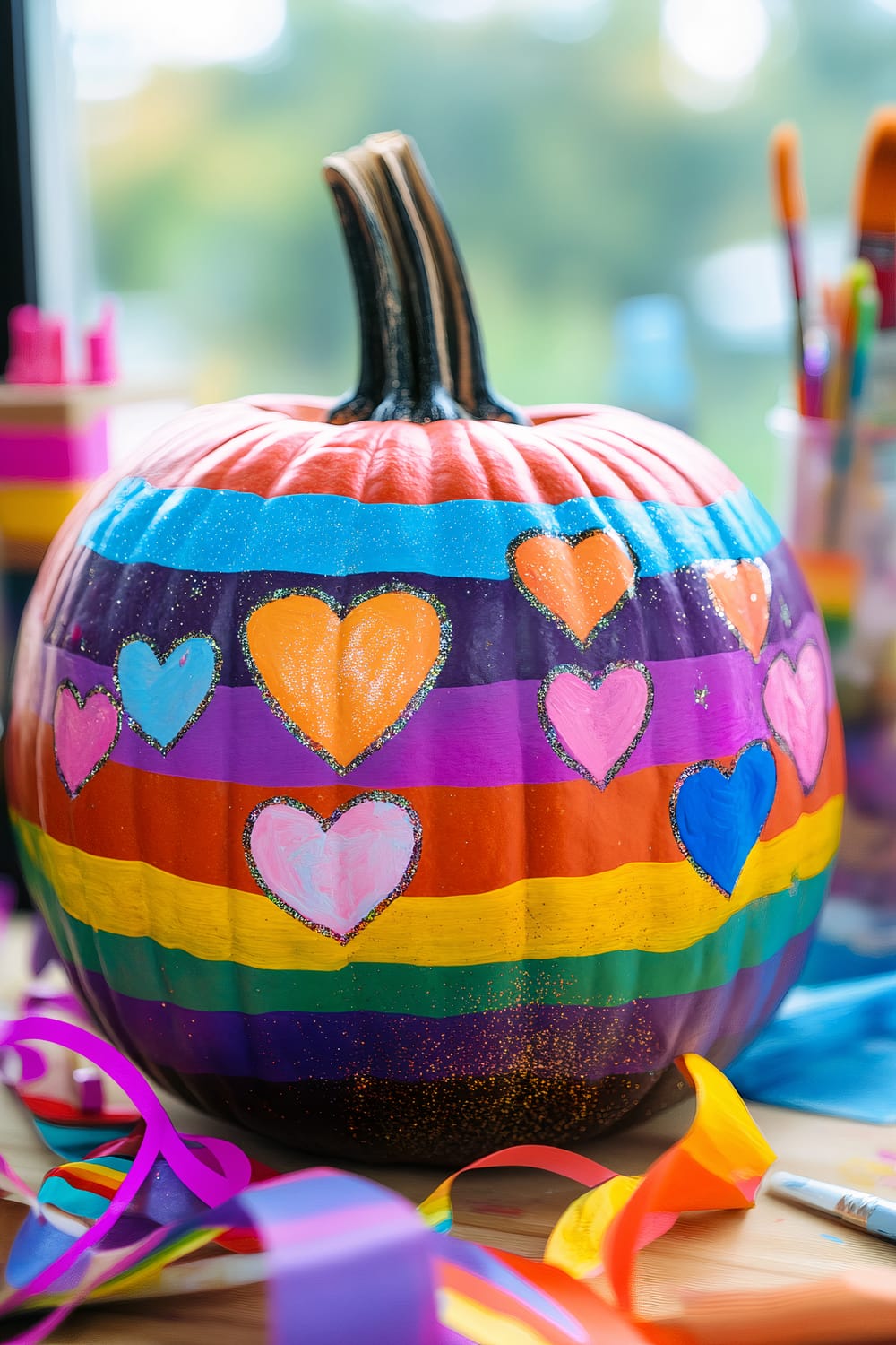 A pumpkin is vibrantly decorated with horizontal rainbow-colored stripes in blue, purple, red, orange, yellow, and green. Each stripe contains heart shapes in various colors, including orange, pink, and blue, outlined with shimmering glitter. The pumpkin sits on a wooden surface surrounded by colorful craft supplies such as paintbrushes, ribbons, and containers of paint. The background is blurred, showing natural light coming through a window.