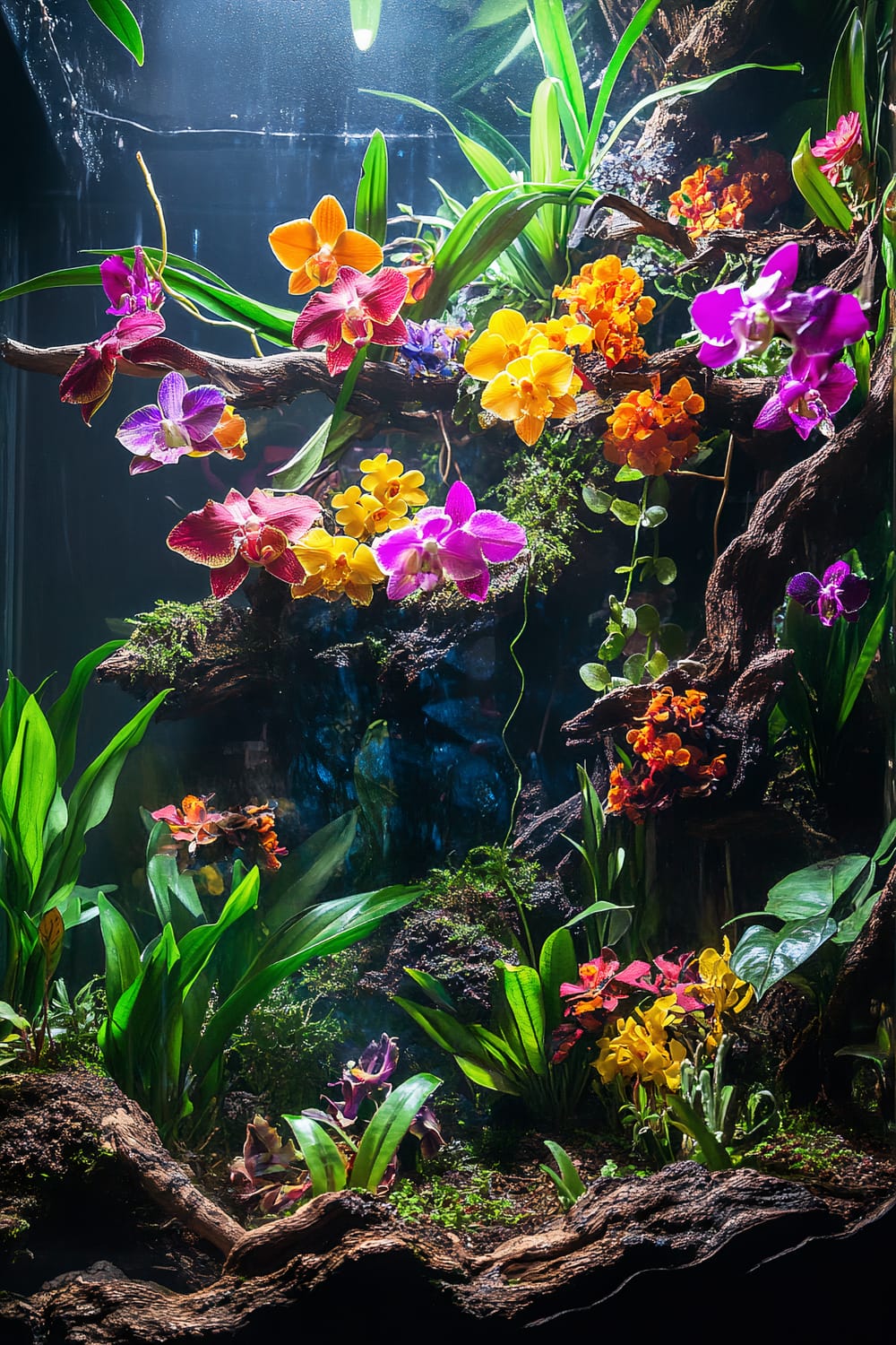 An indoor botanical display featuring a vibrant assortment of orchids in various colors including purple, yellow, orange, and pink. The flowers are arranged on a naturalistic faux-wood structure, with green leaves and fern-like plants complementing the scene. The display is illuminated from above, enhancing the vivid hues of the orchids and creating a lush, tropical ambiance.