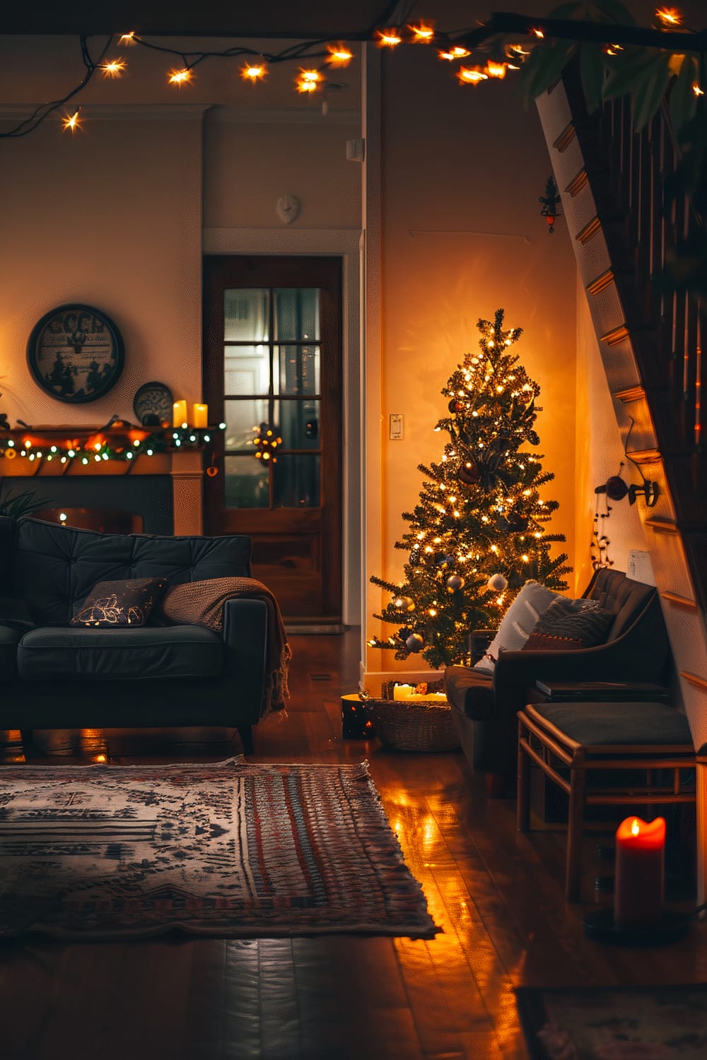 An interior room decorated for Christmas with warm lighting. A small Christmas tree adorned with lights and ornaments is placed near a staircase. A garland with lights and candles is set up on a fireplace mantle. Various furniture including a sofa and armchair is arranged with festive pillows and a knit throw blanket. Star-shaped string lights hang from the ceiling, illuminating the space.