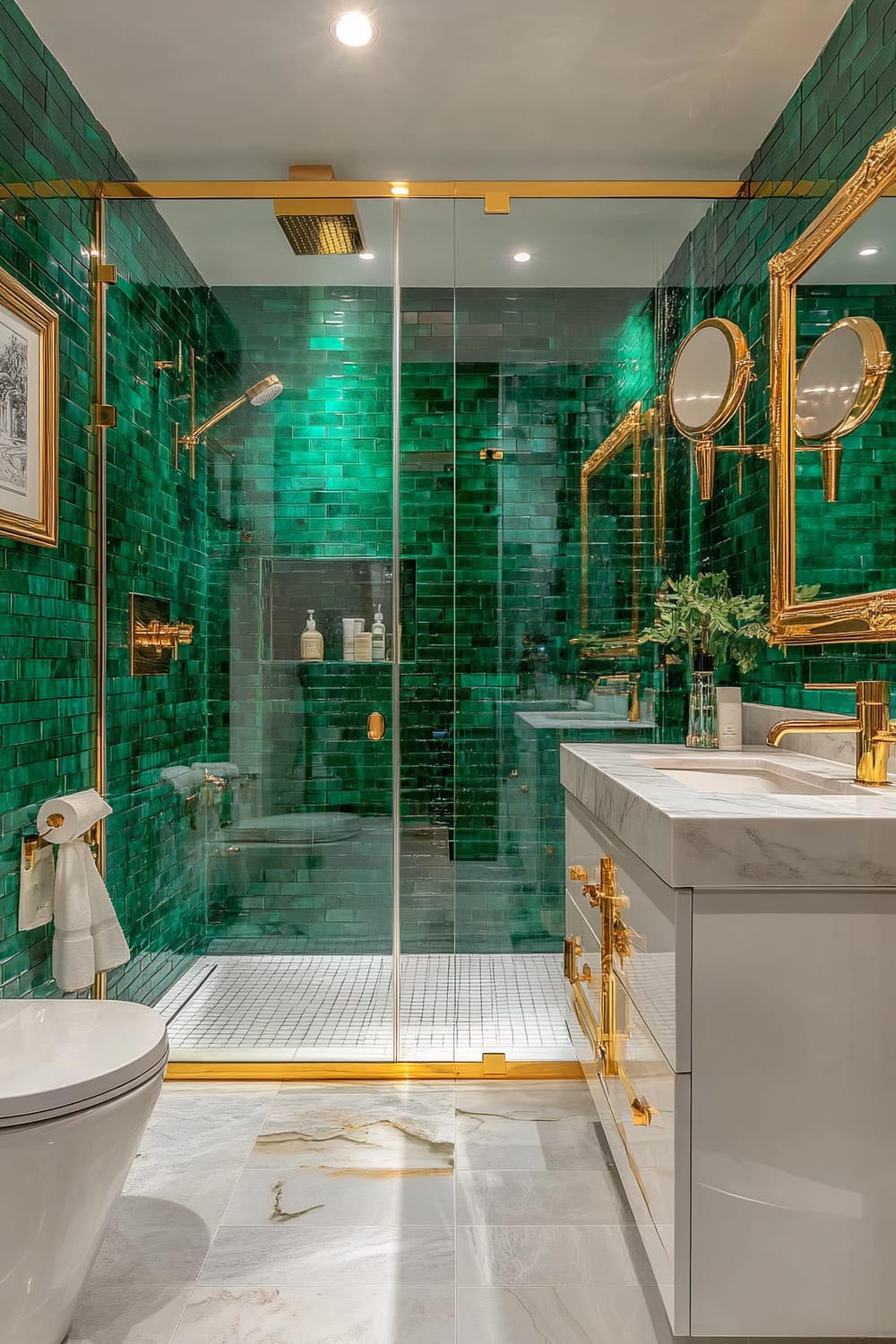 A luxurious bathroom featuring rich green tiles covering the walls and the shower area, which is enclosed by glass doors with gold fittings. The shower has a rain showerhead and handheld showerhead, both in gold. The vanity counter is topped with marble and has a white sink basin with gold fixtures. Large gilded mirrors adorn the wall, with lush greenery adding a natural touch. The floor consists of polished marble tiles with gold vein patterns. The bathroom has an opulent, sophisticated ambiance with its contrasting emerald and gold elements.