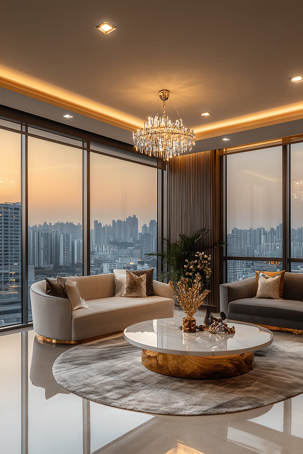 A luxurious Gangnam living room featuring a sweeping city view through floor-to-ceiling glass walls. The room's elegant decor exhibits a sophisticated color palette of whites, grays, and gold accents. Recessed lighting and grand chandeliers gracefully illuminate the expanse. The space is filled with plush, yet minimalist, furniture adding to the overall elegance and extravagance of the room.