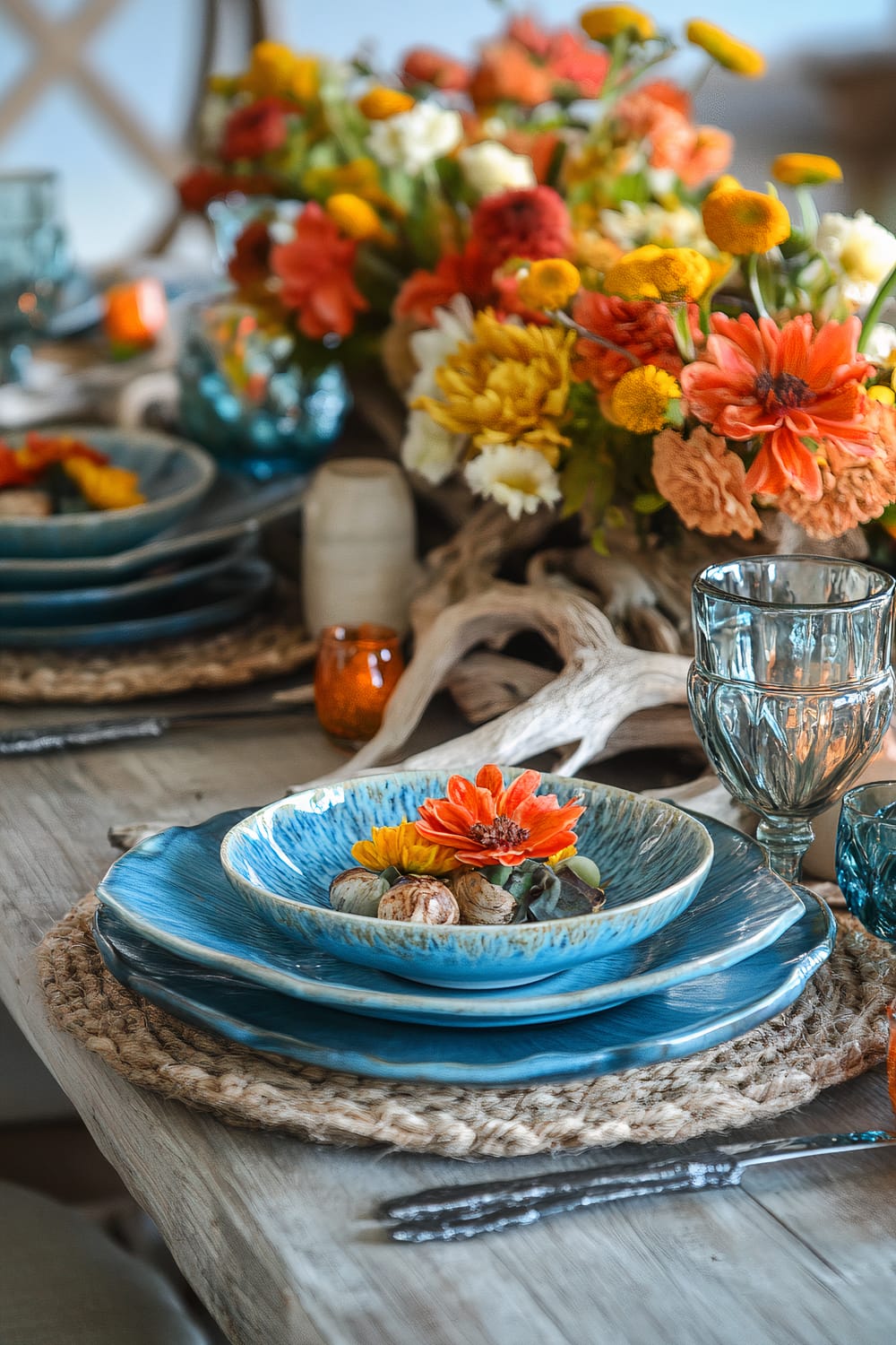 Close-up image of a beautifully set dining table. The table features blue ceramic dinnerware with orange, yellow, and red flowers arranged in each bowl. Surrounding the dish sets are clear blue glasses and rustic woven placemats made from natural fibers. A floral centerpiece with a mix of colorful flowers stretches along the center of the table, vividly contrasting the neutral tones of the driftwood and table. The overall aesthetic is vibrant and welcoming.