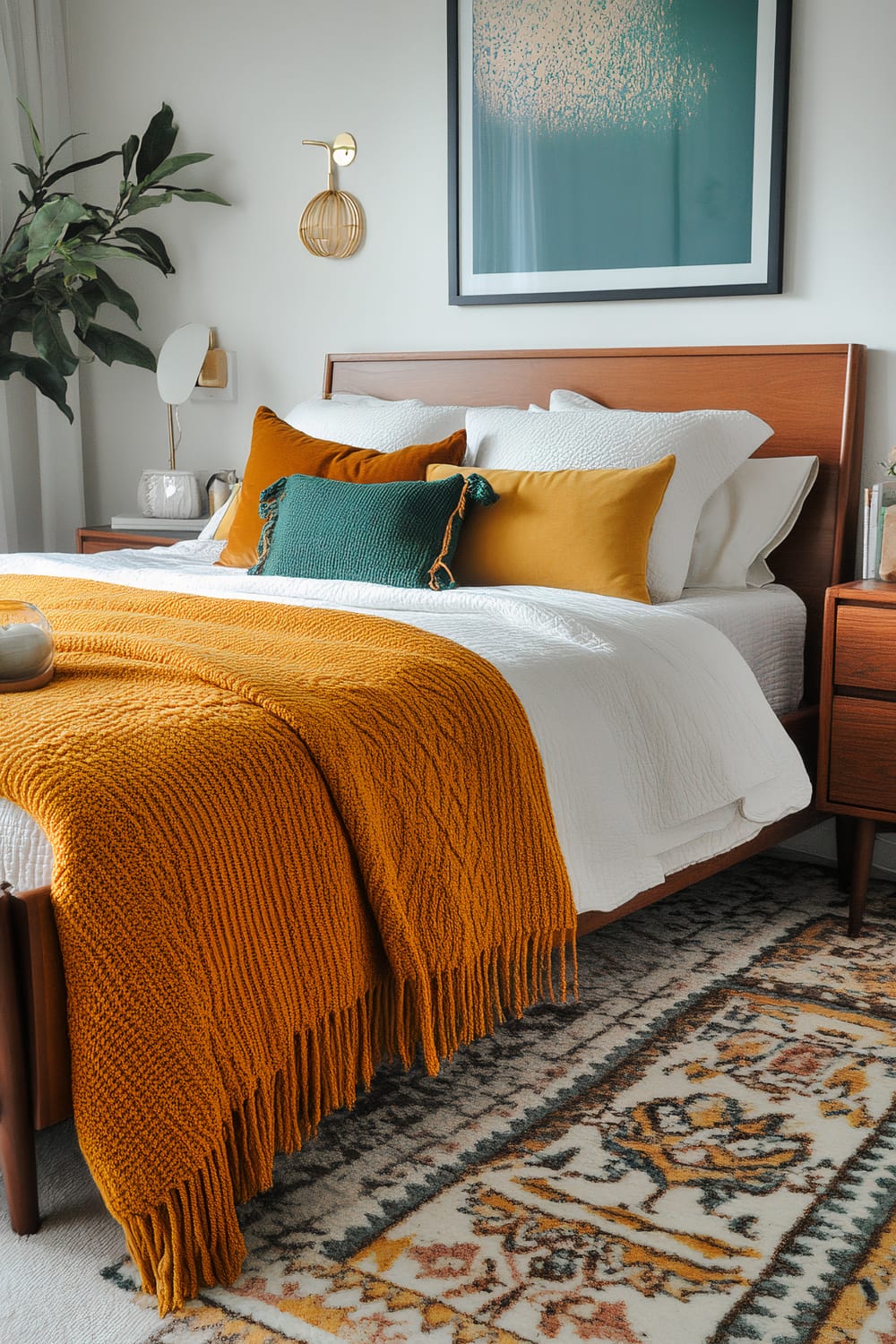 A stylish bedroom featuring a wooden bed frame adorned with white bedding and colorful pillows in mustard yellow and green hues. A matching mustard yellow throw blanket with fringe detailing is draped at the foot of the bed. The room is accessorized with a potted plant, a modern wall sconce, and a mid-century style portrait hanging above the bed. Two wooden nightstands flank the bed, topped with decorative items including a round mirror and books. A richly patterned rug in complementary colors adds a touch of bohemian flair to the space.