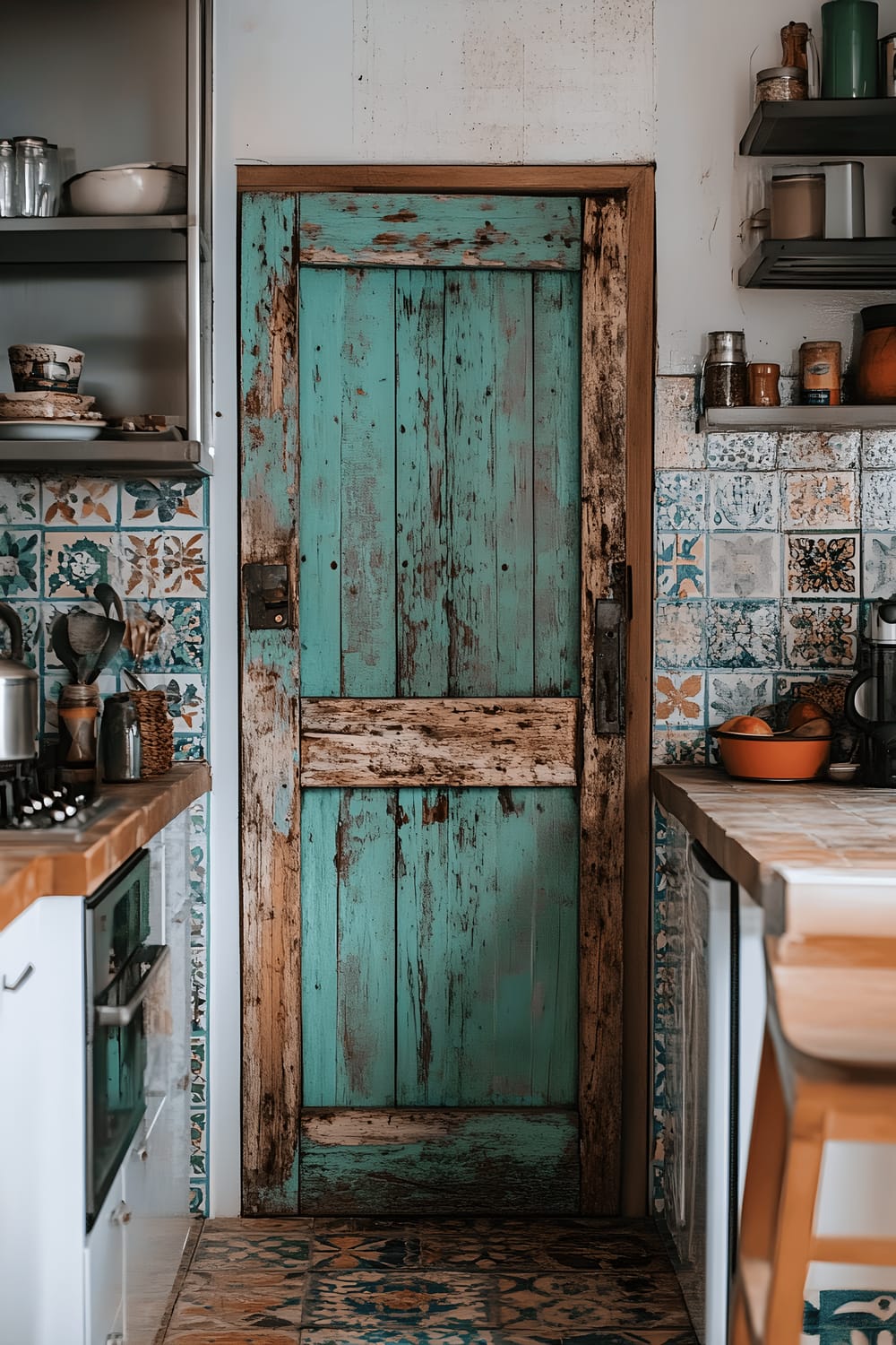 A vintage, turquoise wooden door repurposed as the entrance to a rustic kitchen pantry, set against a backdrop of Mediterranean-style tiles in various shades of blue, white, and brown.