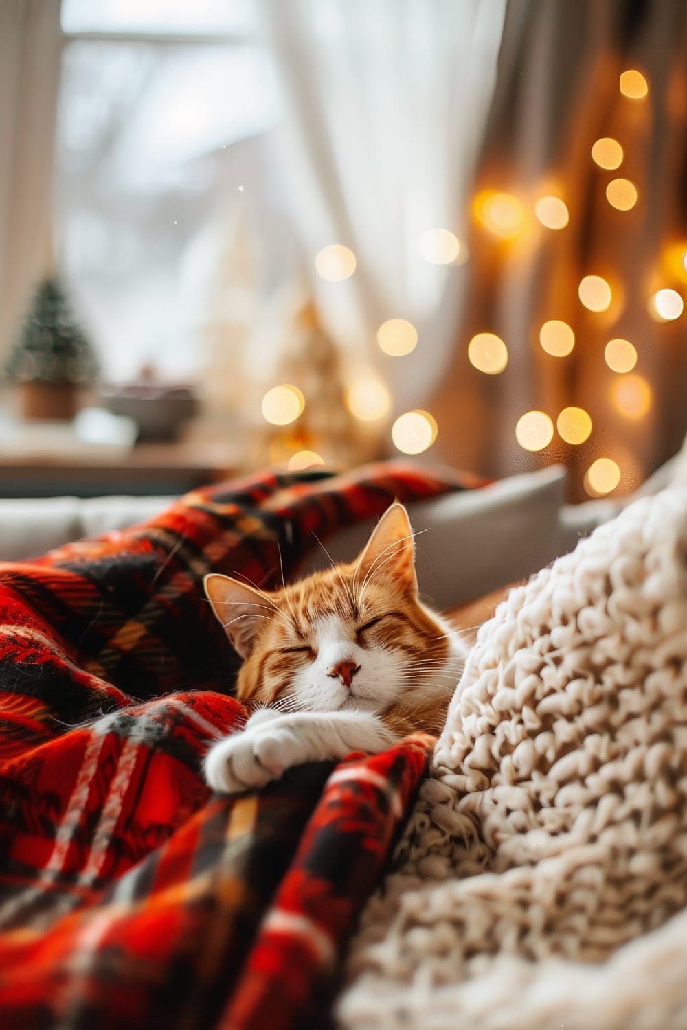 A ginger cat is peacefully sleeping on a colorful plaid blanket with its eyes closed and one paw extended. The background showcases softly lit, blurred decorative lights and a window that allows natural light to filter through sheer white curtains. A blurred sight of a small Christmas tree on a table is visible in the background.