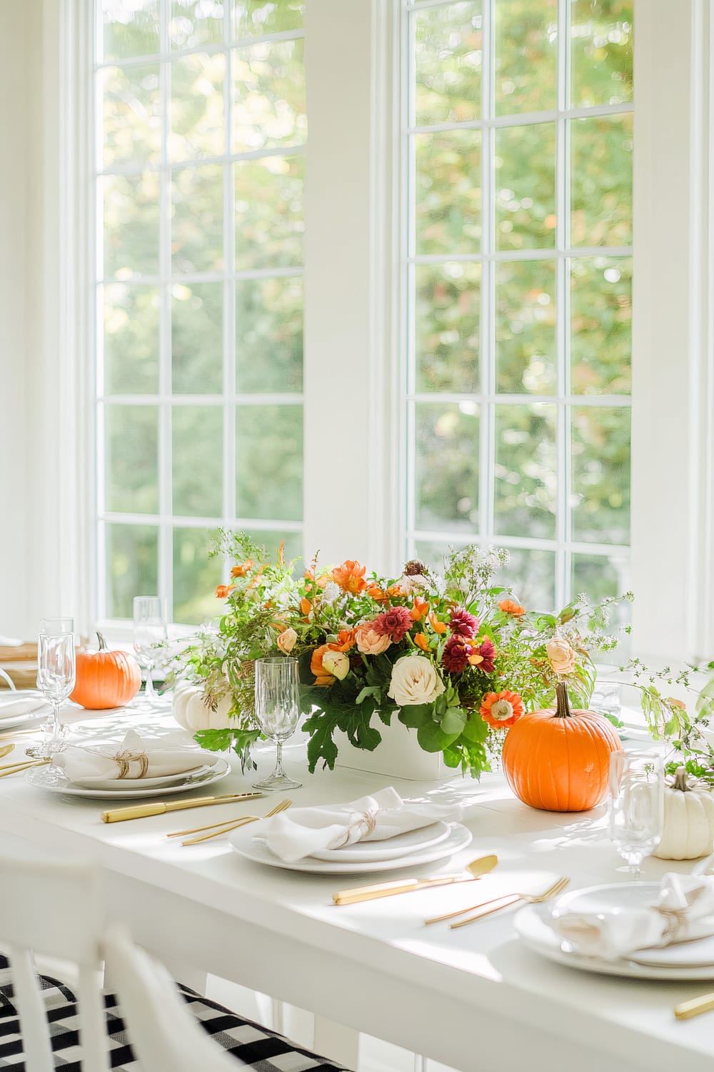 A dining table set for a meal, decorated with a mix of autumnal flowers and pumpkins. The table features white plates, neatly folded napkins, gold cutlery, and clear glassware. There is a large floral centerpiece with a variety of bright flowers and greenery, and pumpkins of both orange and white hues are placed among the settings. The room has large windows that let in ample natural light, illuminating the space.