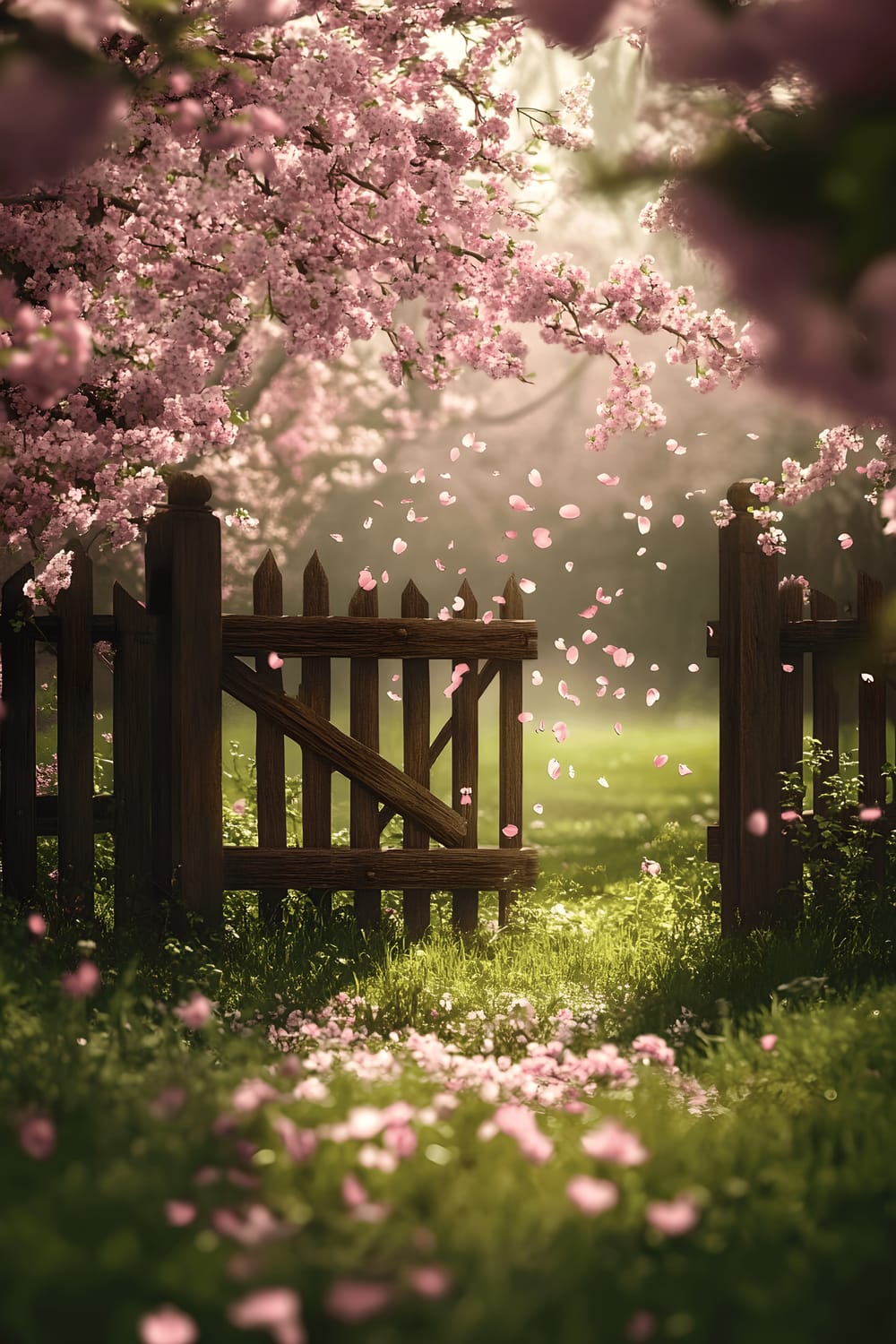 A rustic wooden garden gate surrounded by blooming pink cherry blossoms, petals scattered gently on the green grass beneath.