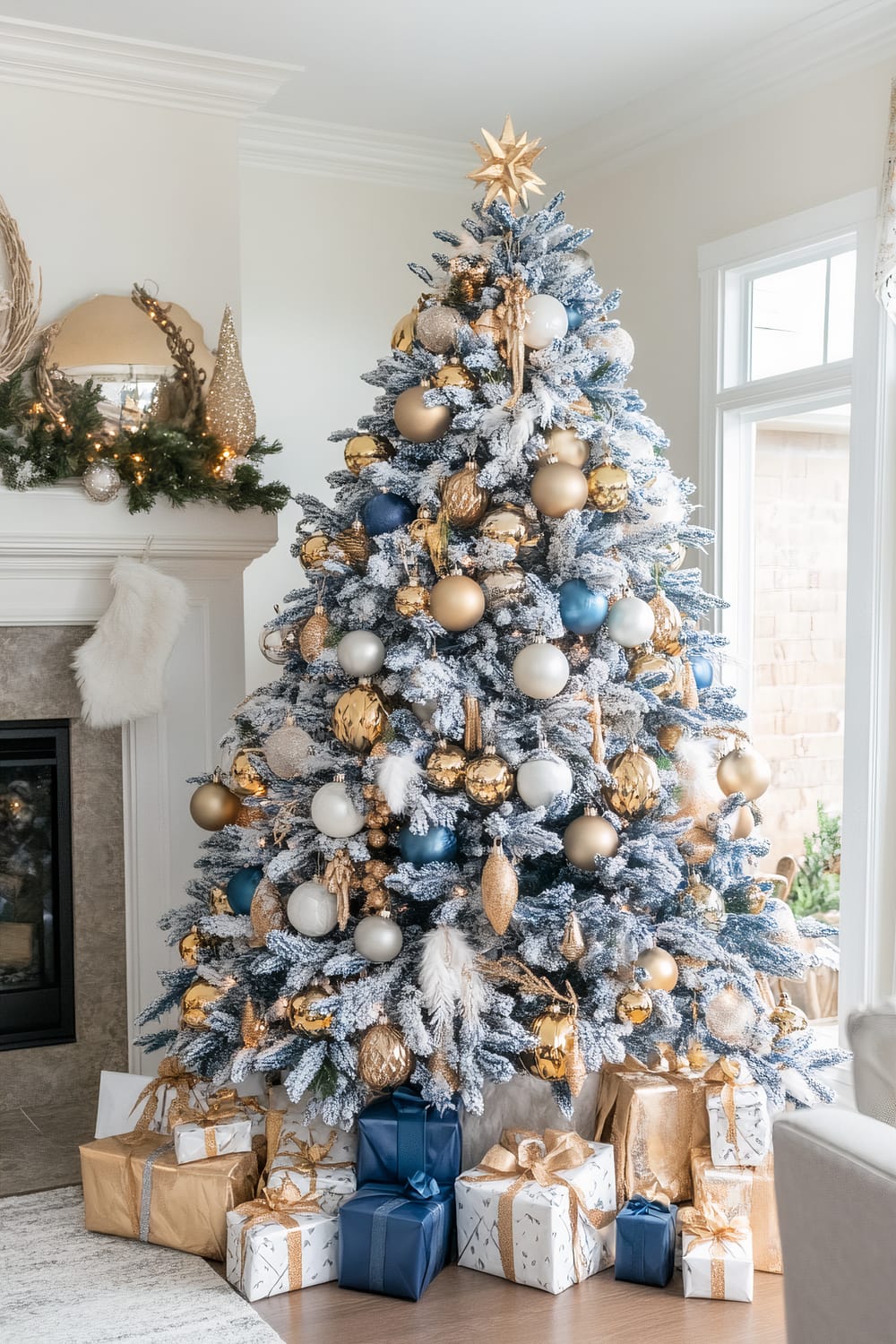 A beautifully decorated Christmas tree with snow-dusted branches stands prominently in the corner of a bright living room. It is adorned with an assortment of gold, silver, and blue ornaments, topped with a shining star. Below the tree, a collection of wrapped gifts featuring gold, blue, and white wrapping paper with elegant ribbons and bows await. To the left of the tree is a white mantelpiece with a festive garland, twinkling lights, a gold pine cone, and a fluffy white stocking. Large windows allow natural light to fill the space.