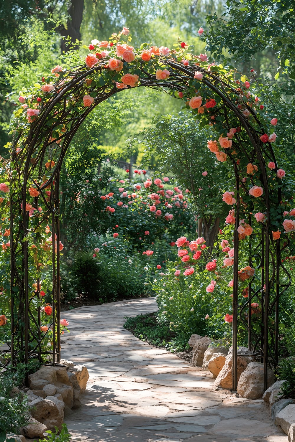 A captivating outdoor scene showcasing an artistic garden arch, formed from entwined metal and river rocks, leading into a lush garden teeming with vibrant flowers. Green ivy and pink climbing roses enrich the arch, drawing attention to its intricate design and organic blend with the garden. The image, captured in bright daylight, enhances the array of textures and colors in the scene, creating a lively and inviting ambiance.