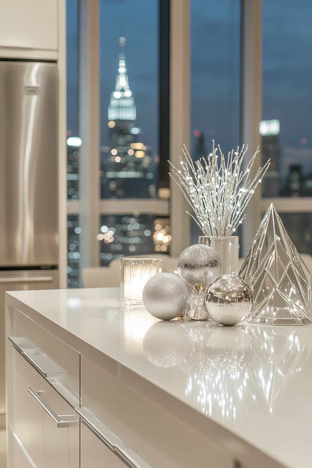 A modern kitchen in a luxurious Manhattan penthouse decorated for Christmas. The space features sleek, high-end stainless steel appliances and glossy white cabinetry. A minimalist kitchen island showcases an elegant arrangement of silver and white ornaments, geometric candle holders, and twinkling fairy lights. Large windows offer an impressive city skyline view, including a prominent building.