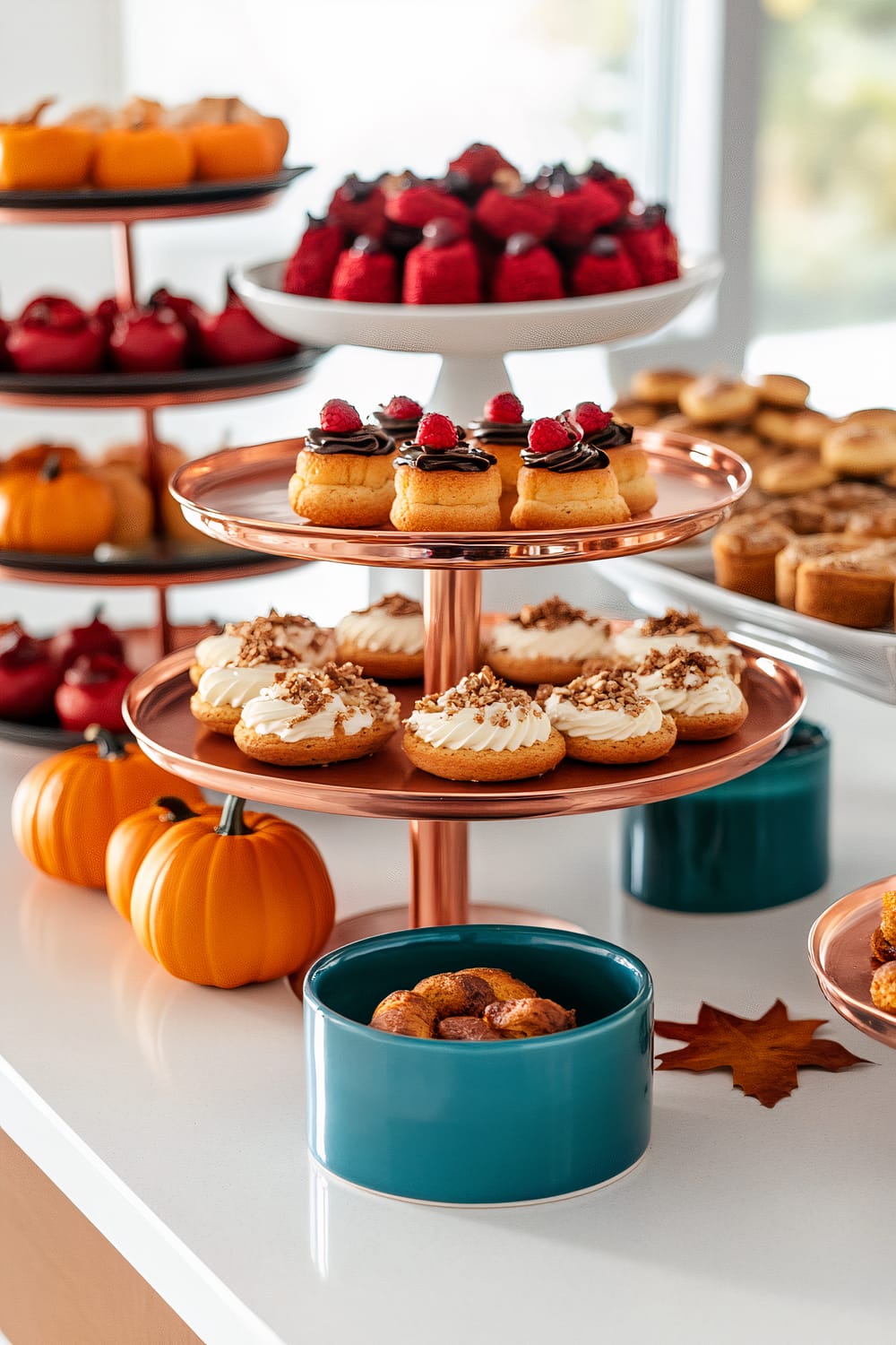 A minimalist Thanksgiving dessert display on a white countertop featuring tiered copper dessert trays with autumn-colored pastries in reds and yellows. The setup includes teal ceramic serving dishes, small wooden pumpkins, and autumn leaves. Strong natural lighting enhances the rich colors and elegant presentation.