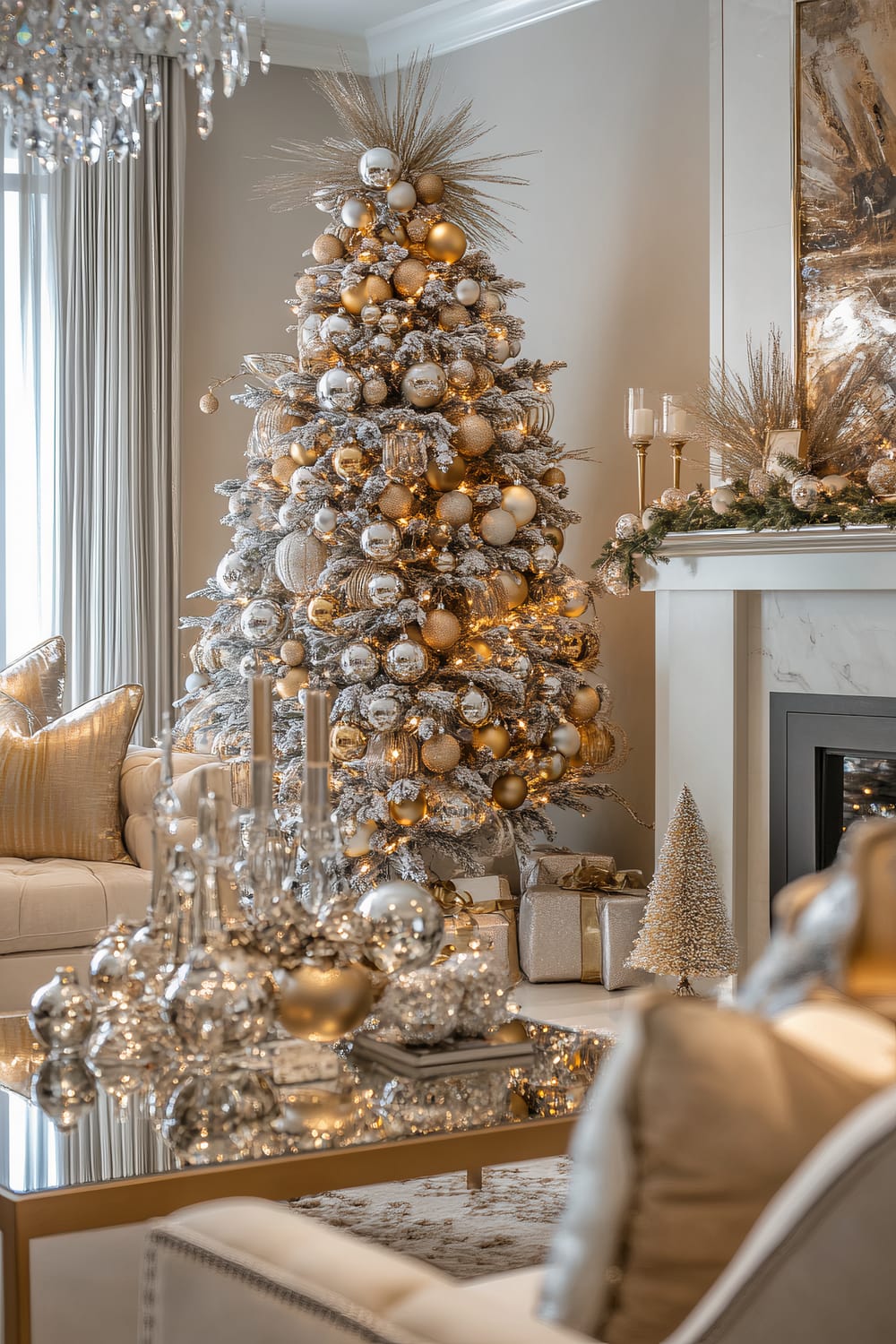 A luxurious living room decorated for Christmas with an elegant, heavily frosted Christmas tree adorned with gold and silver ornaments. The tree is topped with golden sprays and sits beside a marble fireplace adorned with golden and white decorations, including candles and festive greenery. A glass coffee table in the foreground showcases reflective gold and silver decor, including candlesticks and baubles. Cream-colored furniture with metallic gold pillows surrounds the space, and wrapped gifts are placed under the tree.