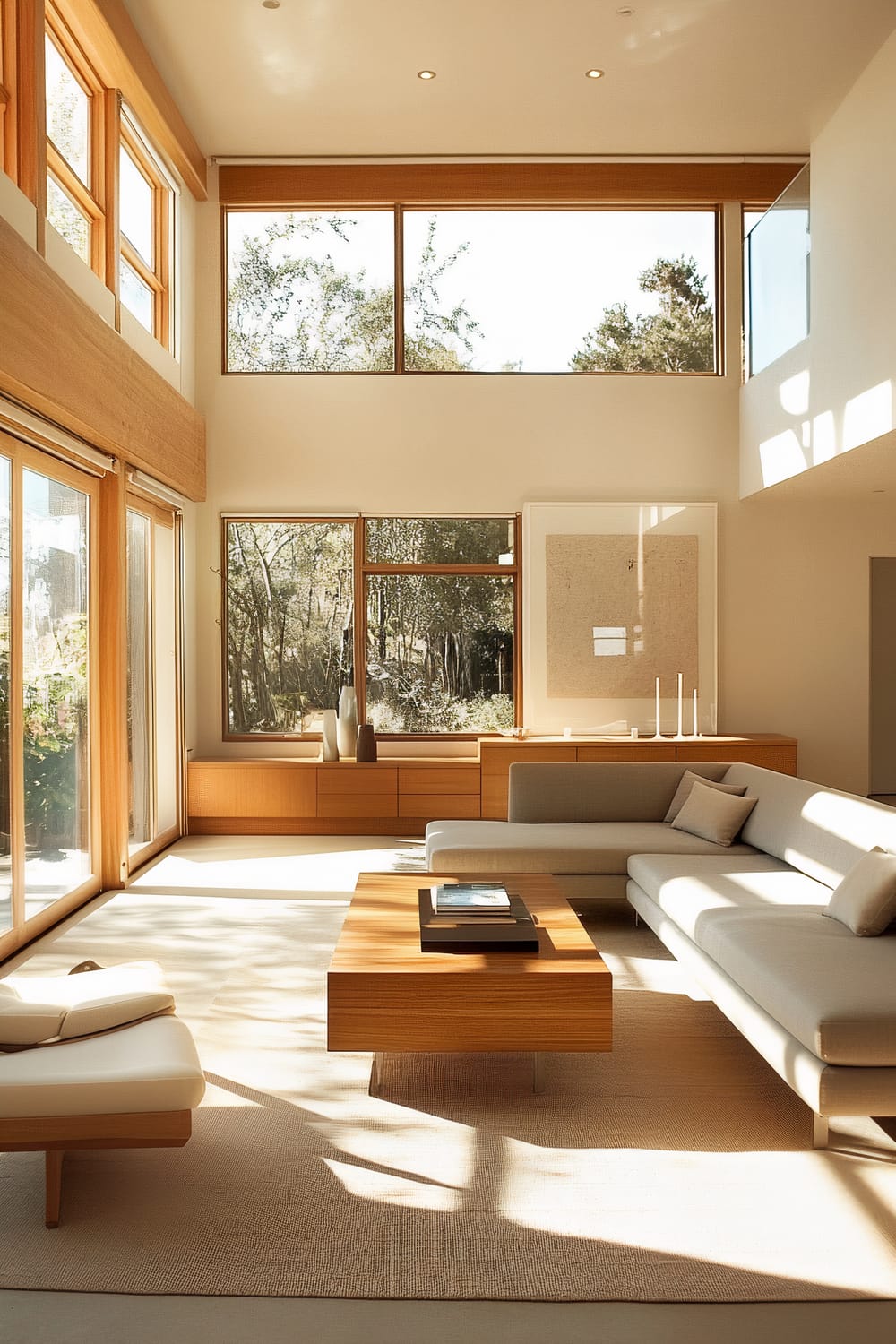 A minimalist living room featuring a low-profile gray sofa, a single modern armchair, and a simple wooden coffee table. Large windows allow ample natural light to fill the space, enhancing the airy and open atmosphere. The room's decor includes a neutral color palette with subtle accents, wooden elements, and a compact media console against the wall.