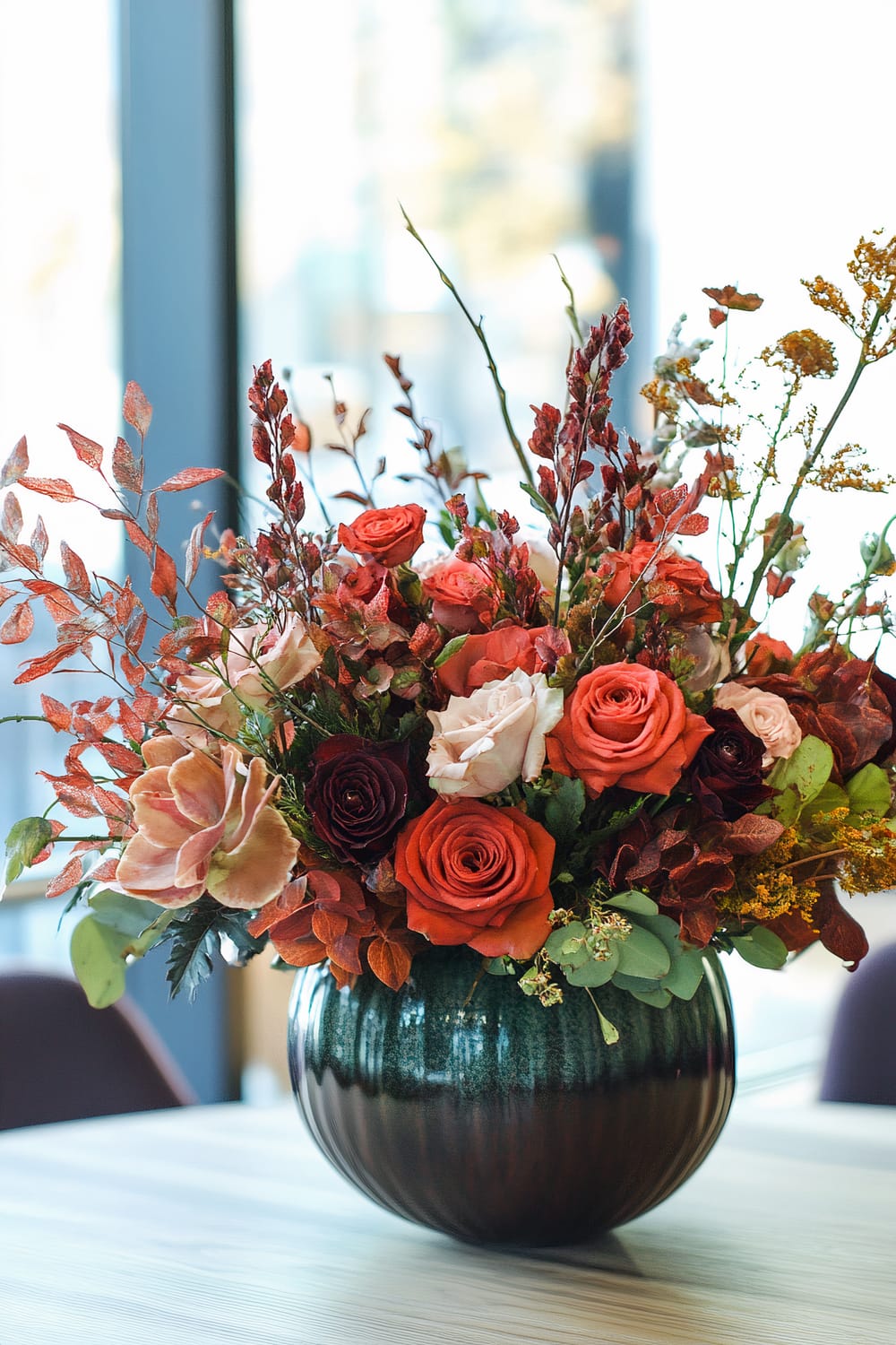 A large floral arrangement with a variety of flowers, including red, orange, and pink roses, as well as other blooms and greenery. The arrangement is set in a round, vertically ribbed ceramic vase that is a blend of dark and teal green colors. The setting appears to be indoors, near a window, allowing natural light to illuminate the flowers.