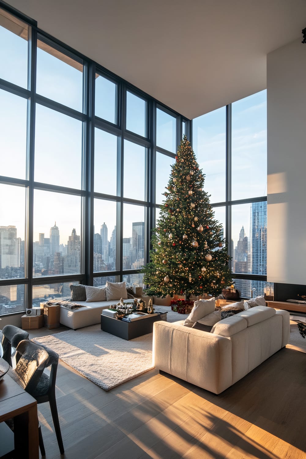 A spacious, modern living room with floor-to-ceiling windows providing a stunning view of a city skyline. A tall, beautifully decorated Christmas tree stands prominently, adorned with lights and ornaments. Luxurious, neutral-toned sofas surround a sleek, dark coffee table set on a plush white rug. A dining area with dark chairs is partially visible on the left.