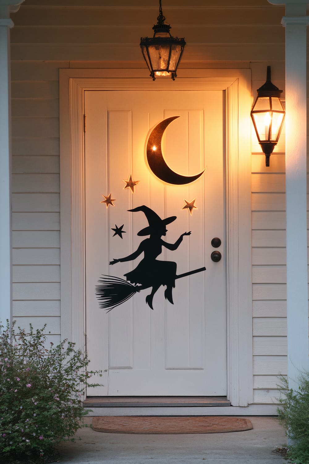 A white front door is decorated with silhouettes of a witch riding a broomstick, a crescent moon, and several stars. The door is flanked by two traditional lantern-style light fixtures which are lit, casting a warm glow over the decorations. Above the door, another matching lantern light fixture hangs, also illuminated. Some plants are visible at the bottom corners of the image.