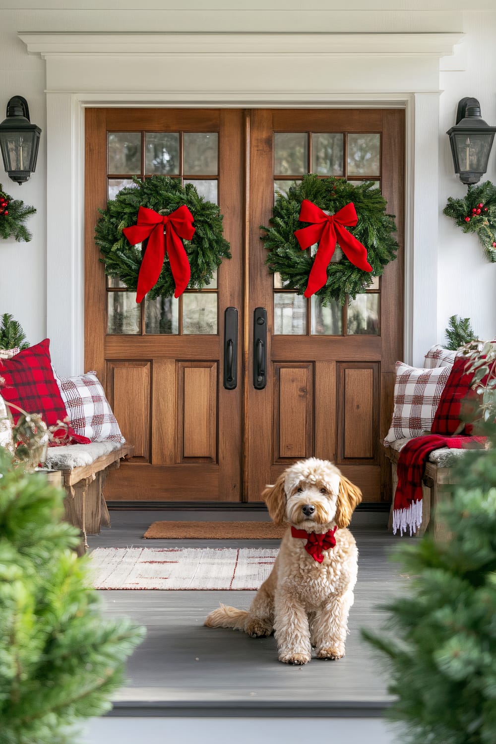 A festive farmhouse-style front porch decorated for Christmas with two wooden doors, each adorned with a wreath featuring a red bow. The entrance is framed by a garland of greenery. On either side of the door sits a small potted evergreen tree. Cozy seating with red and white pillows and plaid blankets is arranged on both sides. A golden doodle dog sits on the walkway in front of the porch, wearing a red bow around its neck.