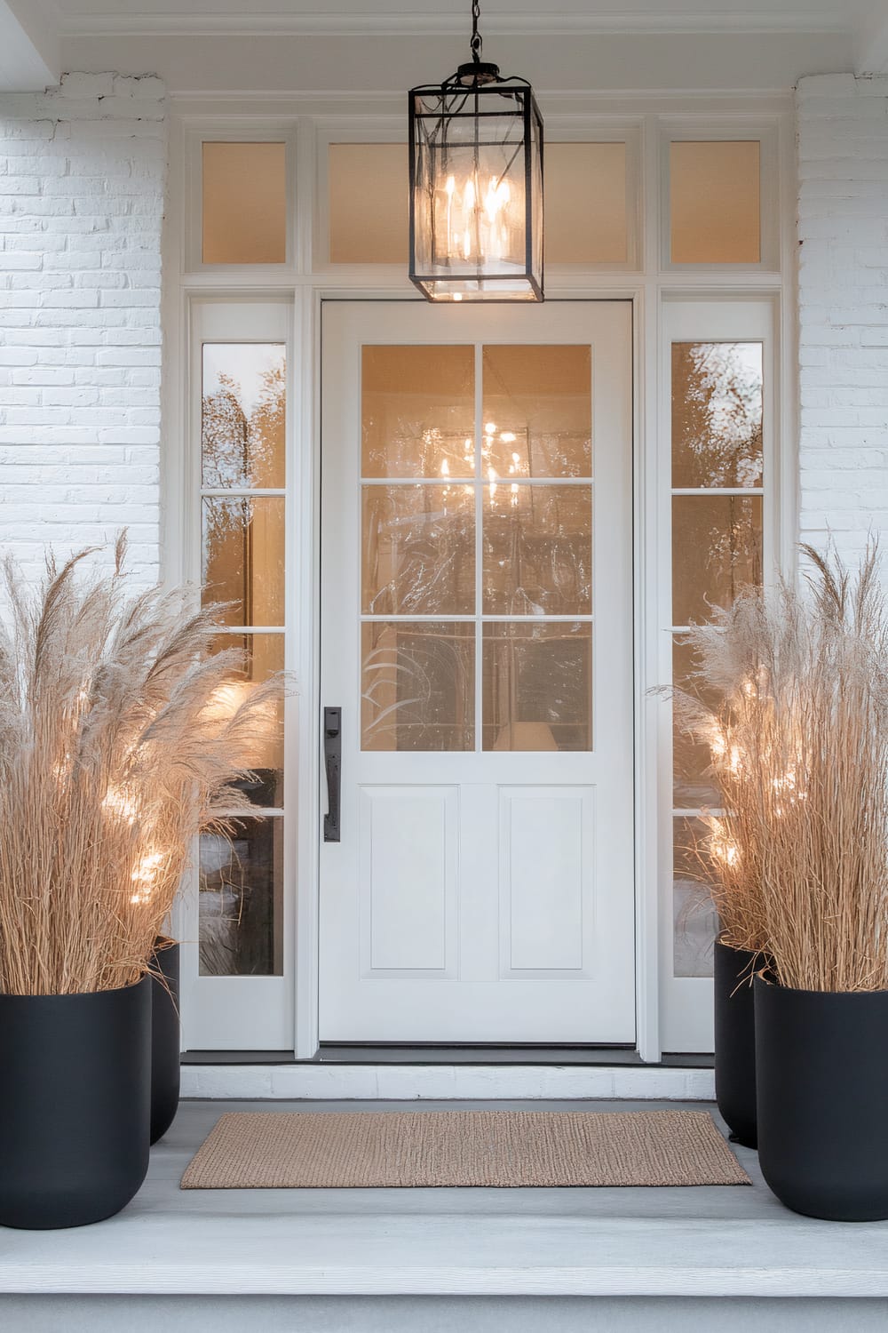 An exterior front door features a white frame and glass panels, flanked by side windows and topped with transom windows. The door is surrounded by white brick walls. Two large black planters sit on either side of the door, each filled with tall, dry ornamental grass illuminated by soft lights. A woven doormat lies in front of the door, and a large black metal lantern hangs overhead, casting a warm glow.