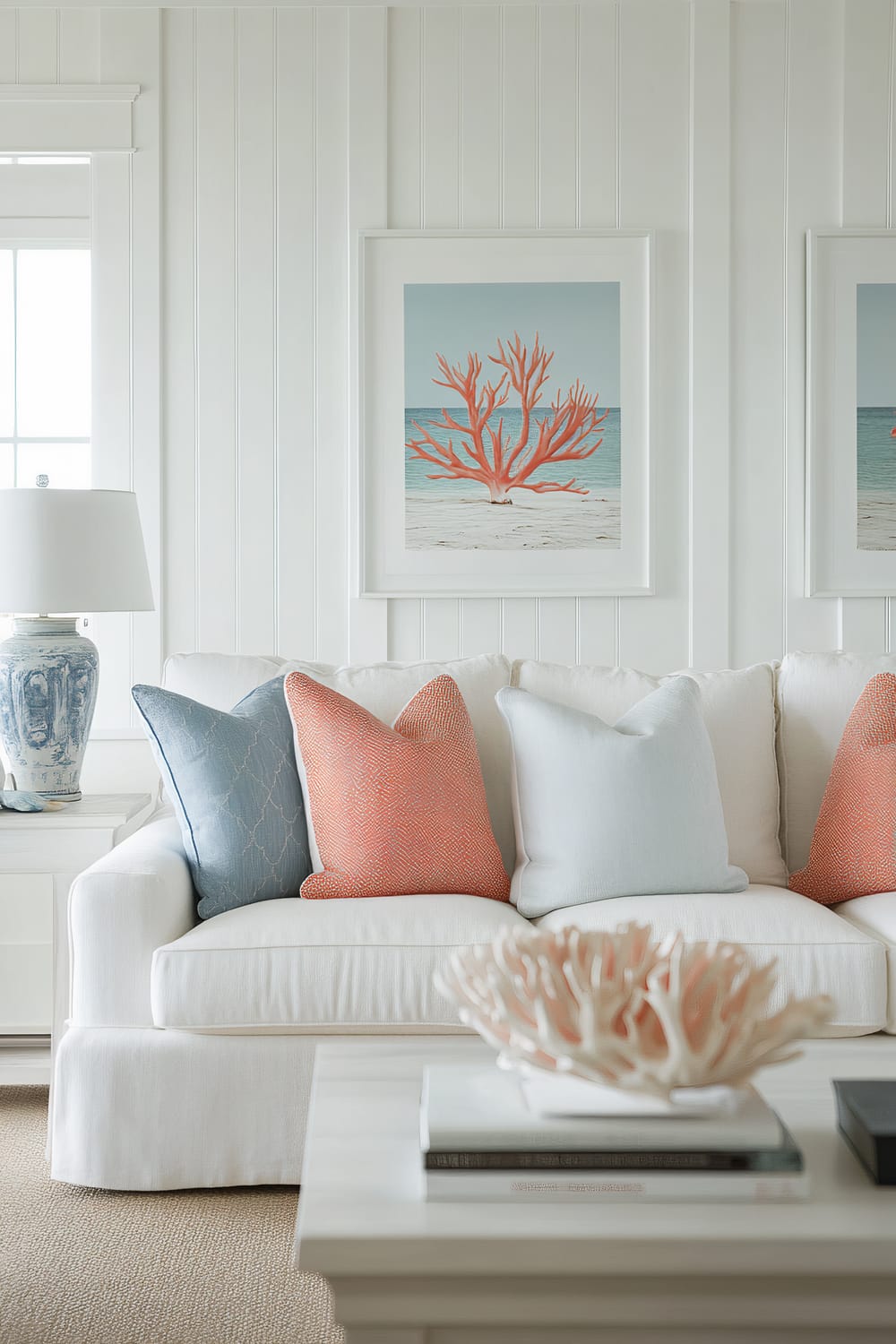 A bright and elegant living room featuring a white sofa adorned with pastel blue and coral throw pillows. Above the sofa, there is framed artwork depicting a beach scene with vibrant coral. A white paneled wall acts as a backdrop, with a window on the left side letting in natural light. There is a coastal-themed blue ceramic lamp on a side table, and a coffee table in the foreground with a coral centerpiece and some books.