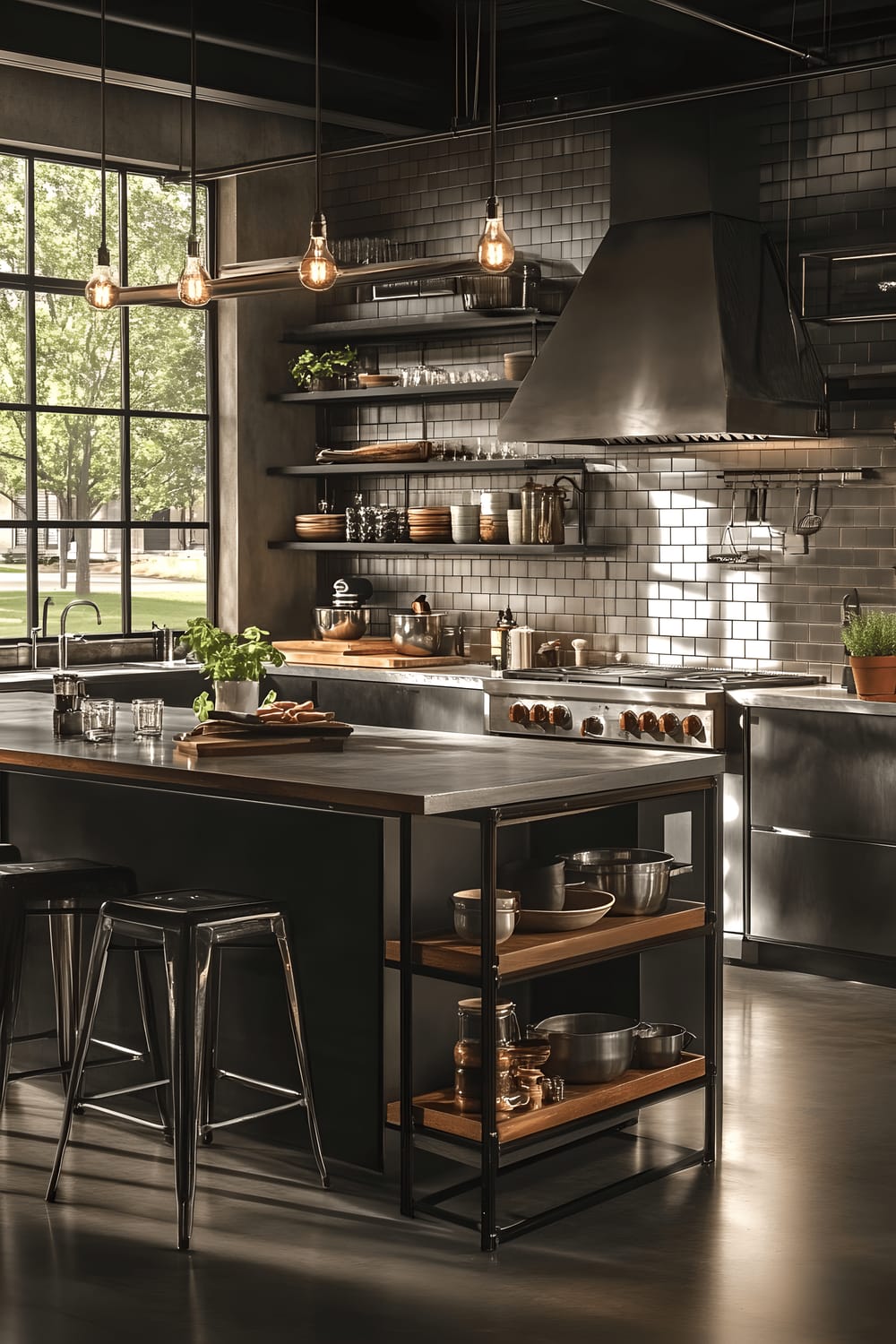 An industrial chic-inspired kitchen featuring dark metal cabinetry with a brushed finish and exposed matte black ductwork. A large kitchen island with a metal base and wooden top holds metal bar stools. Open shelving made of reclaimed wood and metal pipes display modern kitchenware and plants. Edison bulb pendant lights illuminate the space, and large windows with black frames permit ample natural light.