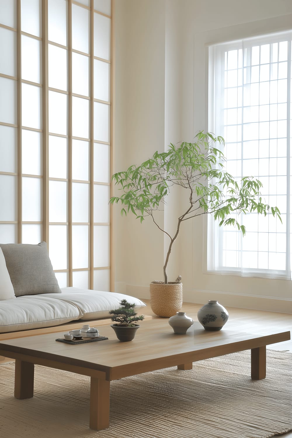 A tranquil, well-lit living room embodying the Japanese interior design concept, featuring minimalist furniture such as a low futon sofa on a tatami mat, a clean-lined wooden coffee table, and shoji screen dividers radiating a natural light. Spread around the room are bonsai trees and bamboo plants in elegant containers, ceramic vases with ikebana (Japanese flower arrangement) and several low-profile floor lamps and paper lanterns providing a soft glow. A natural fiber rug lies at the center of the room, lending an additional layer of warmth and texture to the space.