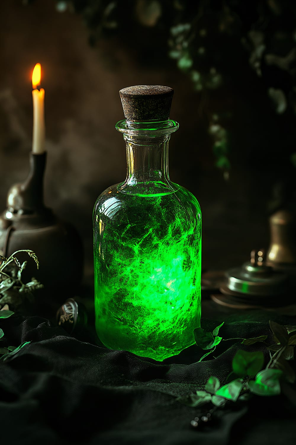 A closeup of a vintage glass potion bottle glowing with an eerie green light, placed on an elegant black velvet surface. It is surrounded by dark foliage and antique alchemy tools. A lit candle is in the background, providing dramatic side lighting that highlights the luminescence of the potion.