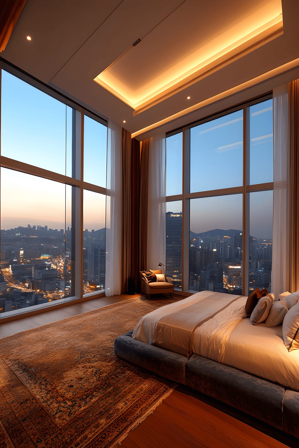 A luxurious master bedroom situated in Gangnam, featuring fine materials. The room is dominated by a deep blue and gold color scheme. A plush bed with minimalist decor is the primary focus of the room. Large floor-to-ceiling windows are adorned with sheer curtains, allowing soft natural light to enter. Additionally, there is an elegant chandelier hanging from a high ceiling, and traditional Korean hanji art pieces adding a touch of culture. Polished wood is used extensively in the furniture.