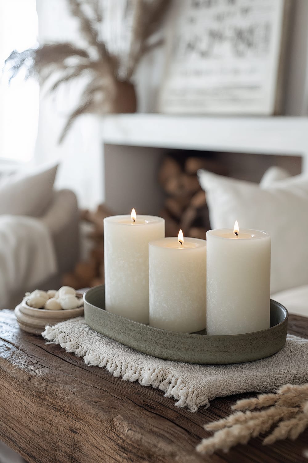 A trio of white frosted candles arranged in an olive green candle holder placed on a rustic wooden mantel. The candle holder is on a textured beige cloth. There are dried flowers and a small bowl with white decorative spheres beside it. The background features a blurred cozy living room setting with a couch and a fireplace filled with logs.