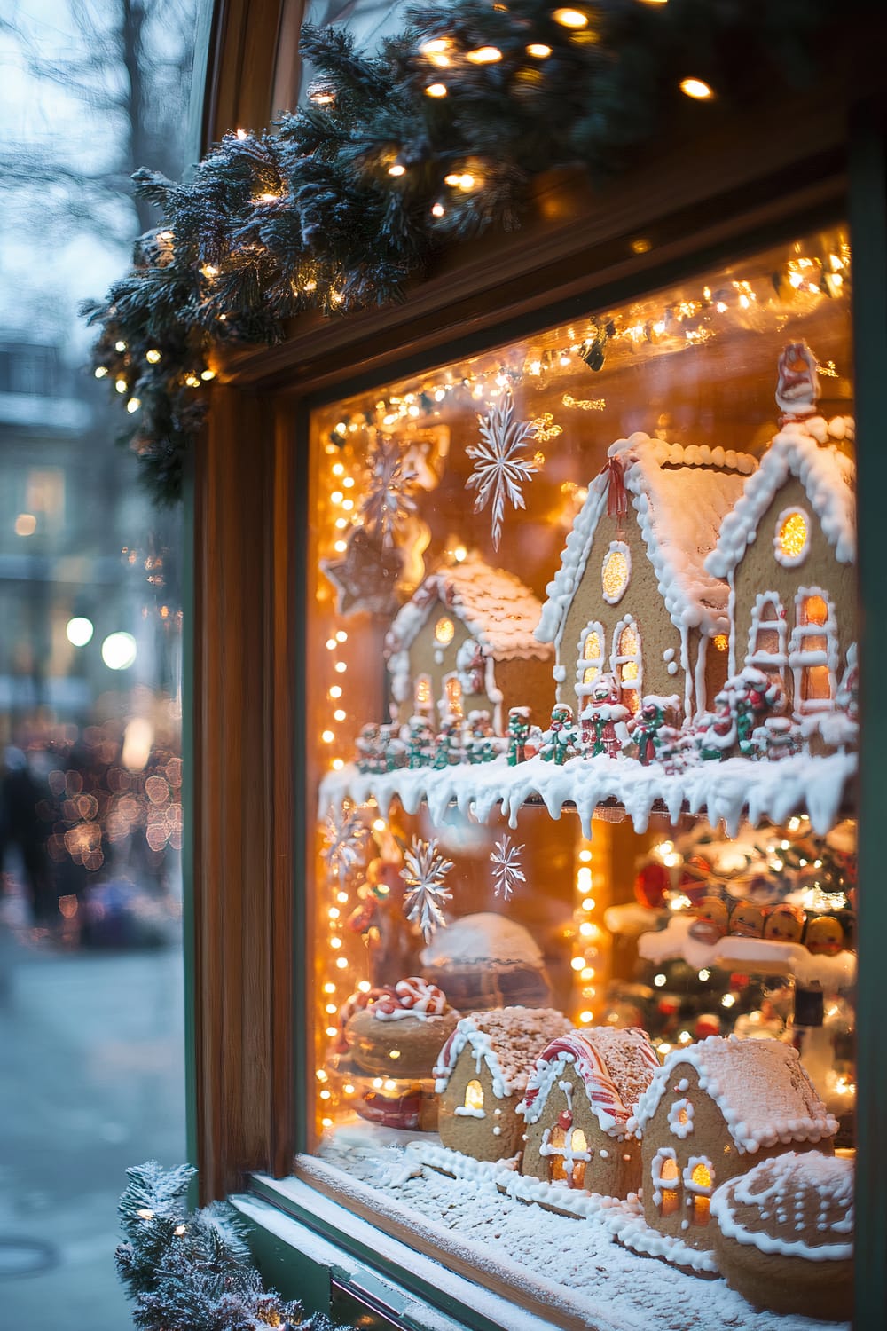 A festive holiday window display showcasing an enchanting gingerbread village. The display features snow-topped gingerbread houses adorned with white icing, candy canes, and miniature decorations, all illuminated by warm, glowing lights. Above the display, evergreen garlands and twinkling fairy lights add to the holiday spirit. Through the window, snowflakes and stars are etched or stuck on, enhancing the wintery and magical ambiance. Outside, a soft focus shows a winter street scene with blurred lights and people in the background, encapsulating the festive season.