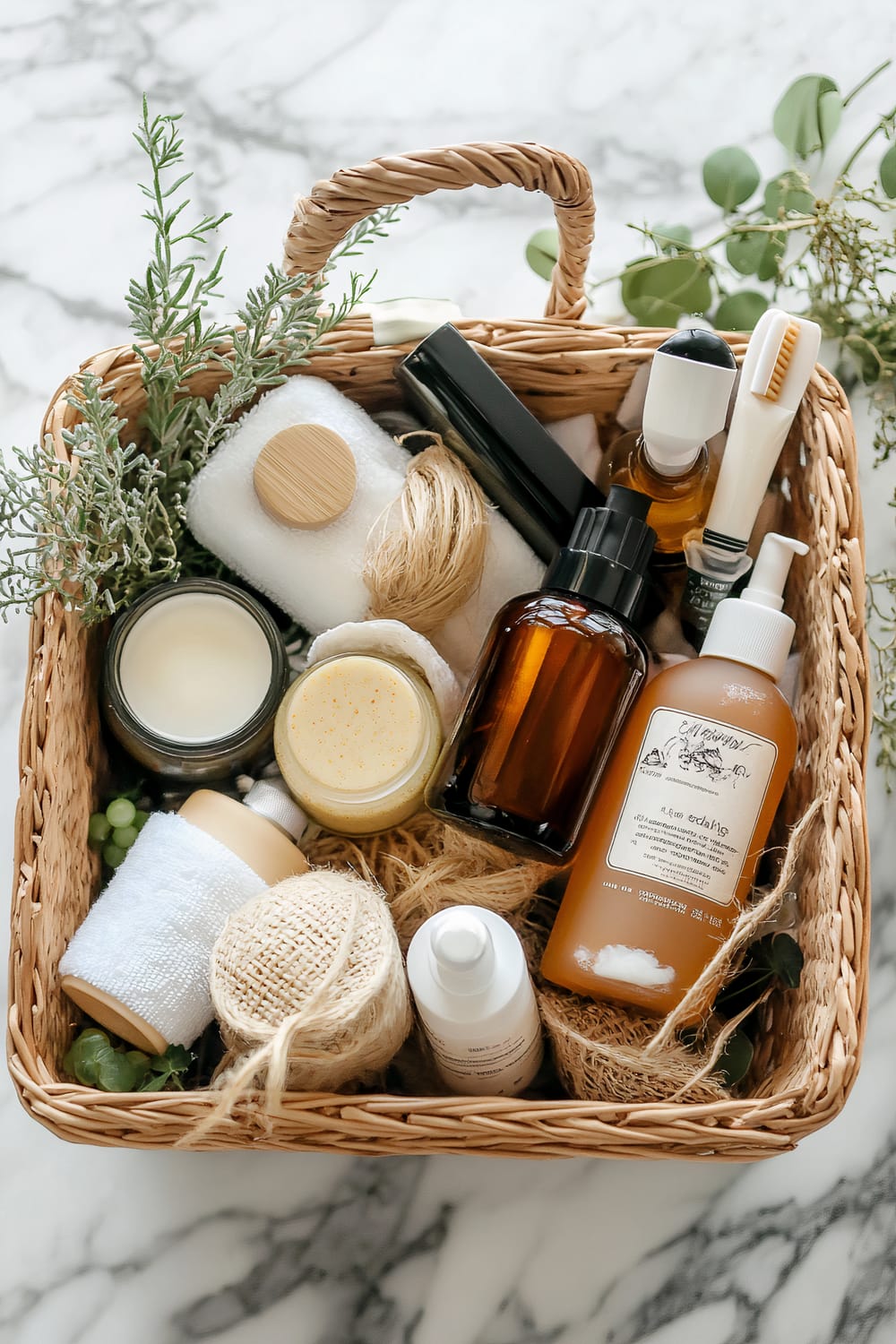 A wicker basket filled with a variety of self-care and grooming items is displayed on a marble surface. The basket contains bottles of lotion, a brown glass bottle with a pump, a toothbrush, a bar of soap wrapped in cloth, and various small containers of creams and balms. Fresh green herb sprigs and a small ivy plant garnish the arrangement. There are also white towels, a woven exfoliating sponge, and some natural fiber ropes included in the basket.