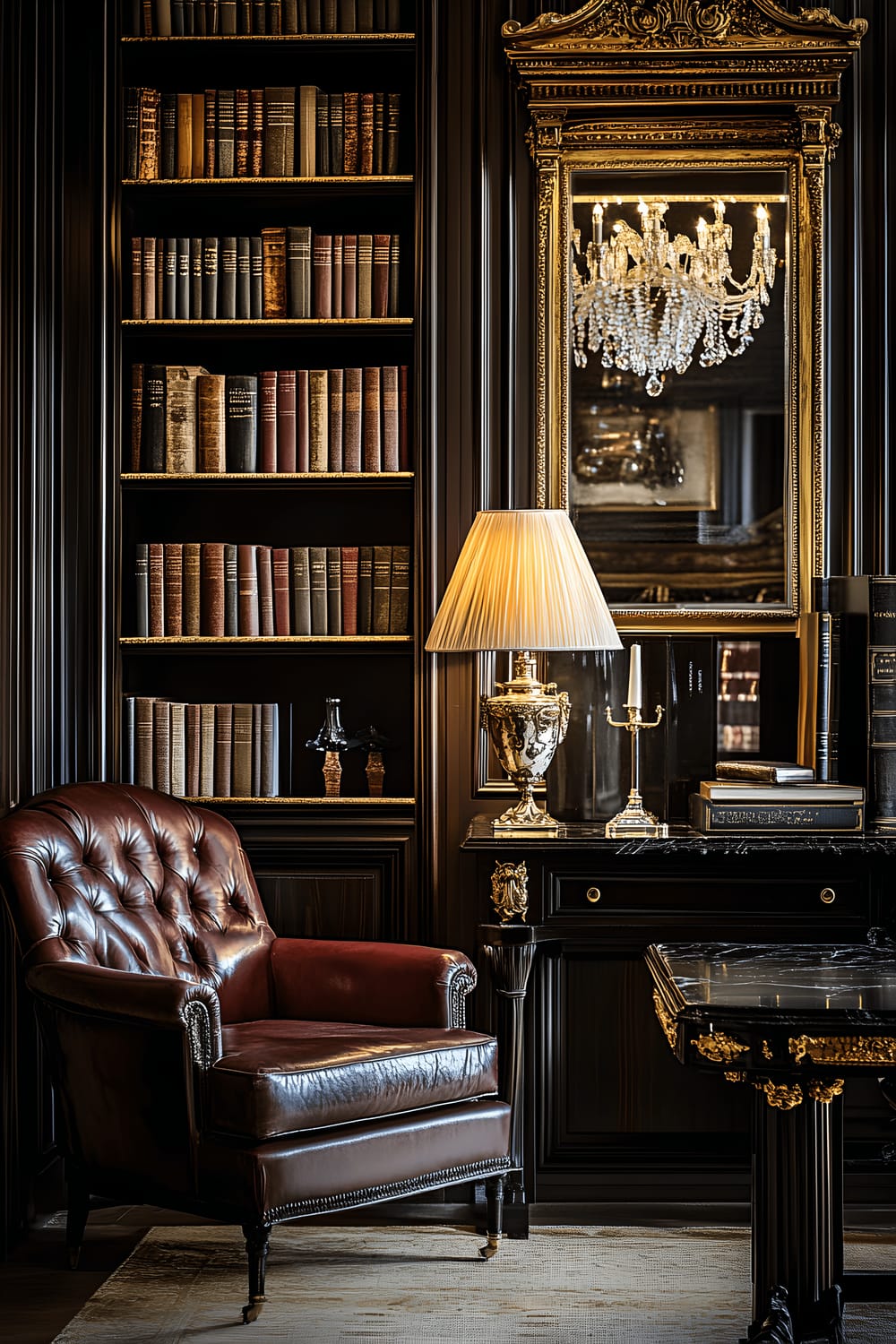 The image represents a sophisticated library in a Milanese house, showcasing dark walnut bookshelves filled with assorted books and adorned with gold decorative objects. A burgundy tufted leather armchair can be seen next to a black marble side table that holds a gold lamp with a white shade. A large ornate mirror with a gold frame is seen hanging above a vintage wooden desk, reflecting the elegance of the room. The space is warmly lit by a chandelier that has crystal droplets, imparting a cozy and luxurious atmosphere.