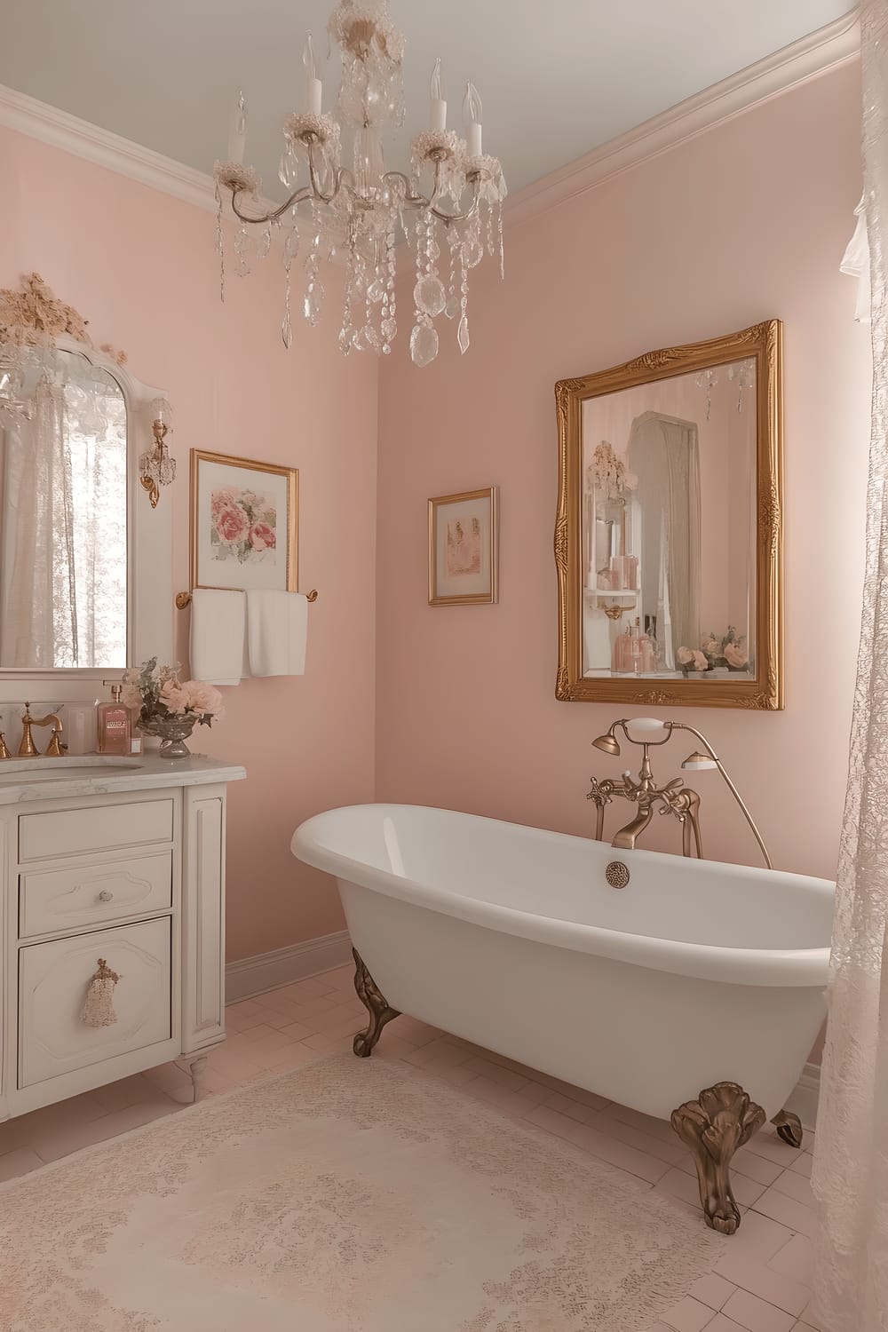 This image features a charming vintage glamour-inspired bathroom with pastel pink walls. The room is furnished with an antique clawfoot bathtub, a mirrored vanity showcasing intricate detailing, and soft pink and gold fixtures that elevate the space. The room is lit by an exquisite crystal chandelier, and accessorized with a delicate lace shower curtain and antique perfume bottles on the vanity table presenting an overall nostalgic aesthetic.