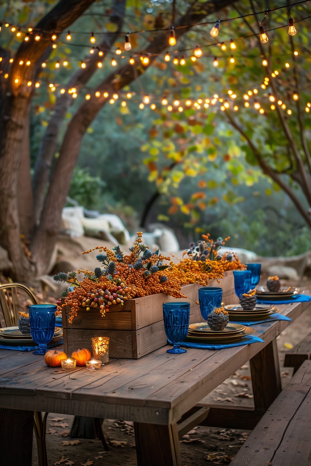 An outdoor dining table set in a rustic forest setting is adorned with boxes filled with orange berries and foliage as centerpieces. The table is decorated with blue goblets, plates, and napkins. Small pumpkins and candles are placed on the table. Warm string lights are strung above, adding a cozy ambiance with large trees in the background.