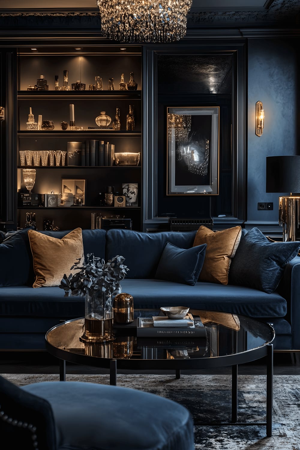 A sophisticated living room with a deep navy and gold color scheme. The room features metallic accents such as a chrome-framed sofa, a mirrored coffee table, and black metal shelving units. Luxurious textiles like velvet cushions and throws add richness to the room. The lighting is warm and inviting, coming from multiple sources including a chandelier and table lamps.