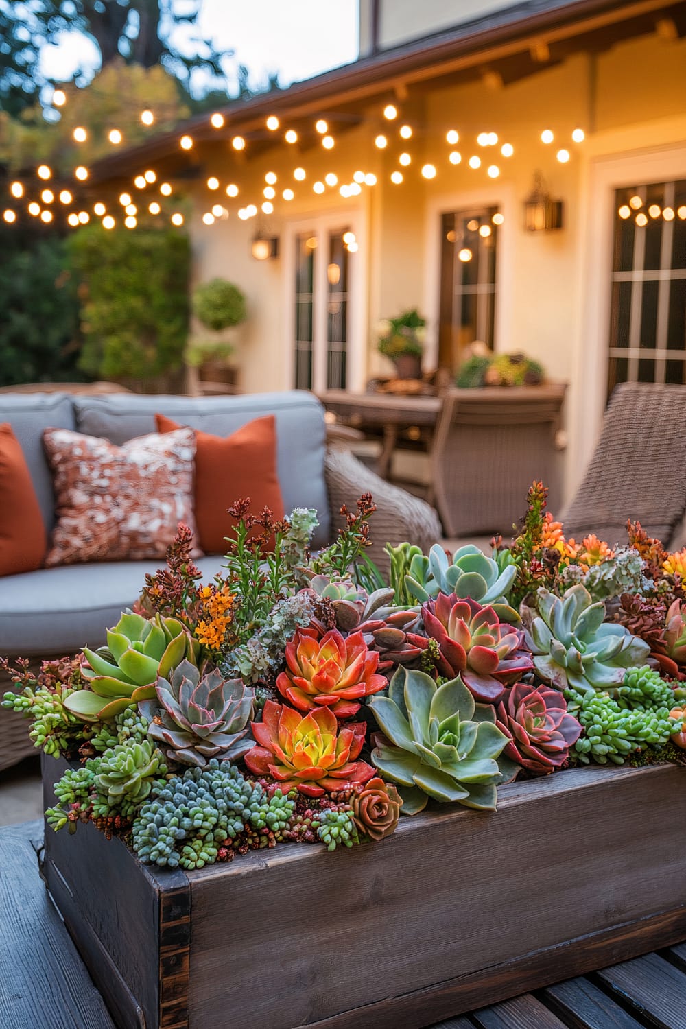 Outdoor patio with string lights, a wooden box filled with colorful succulents, and a cozy seating area adorned with orange and patterned throw pillows.